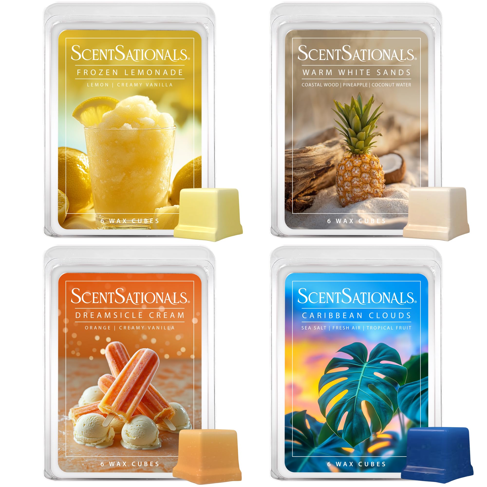 Scentsationals Wax Melts Staycation 4-Pack – Long Lasting Wax Cubes with Strong Scent for Warmers – Includes Frozen Lemonade, Caribbean Clouds, Warm White Sands & Dreamsicle Cream – 10oz (24-Cubes)