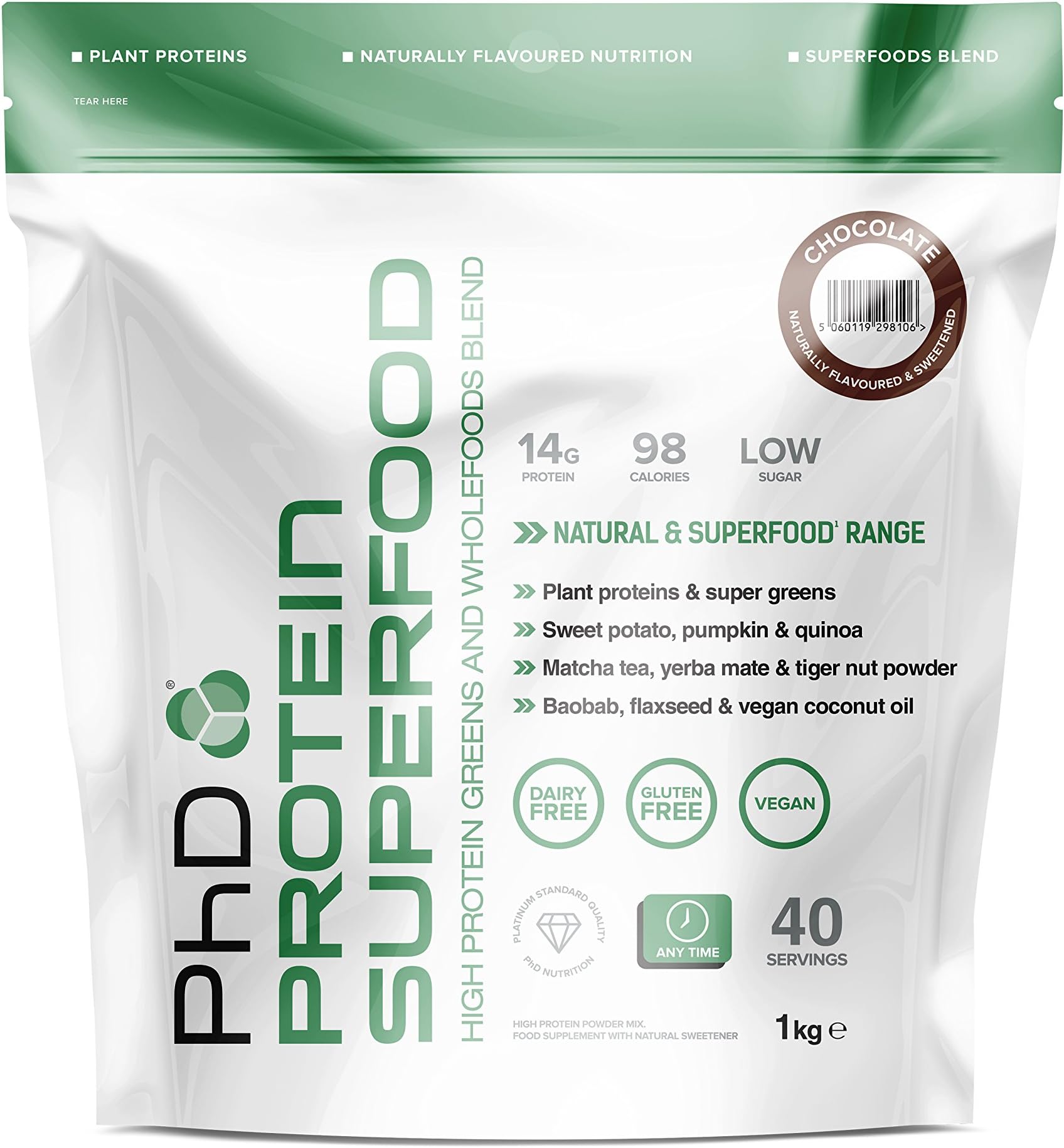 PhD Nutrition Protein Superfood Powder, Chocolate, 1kg by PhD