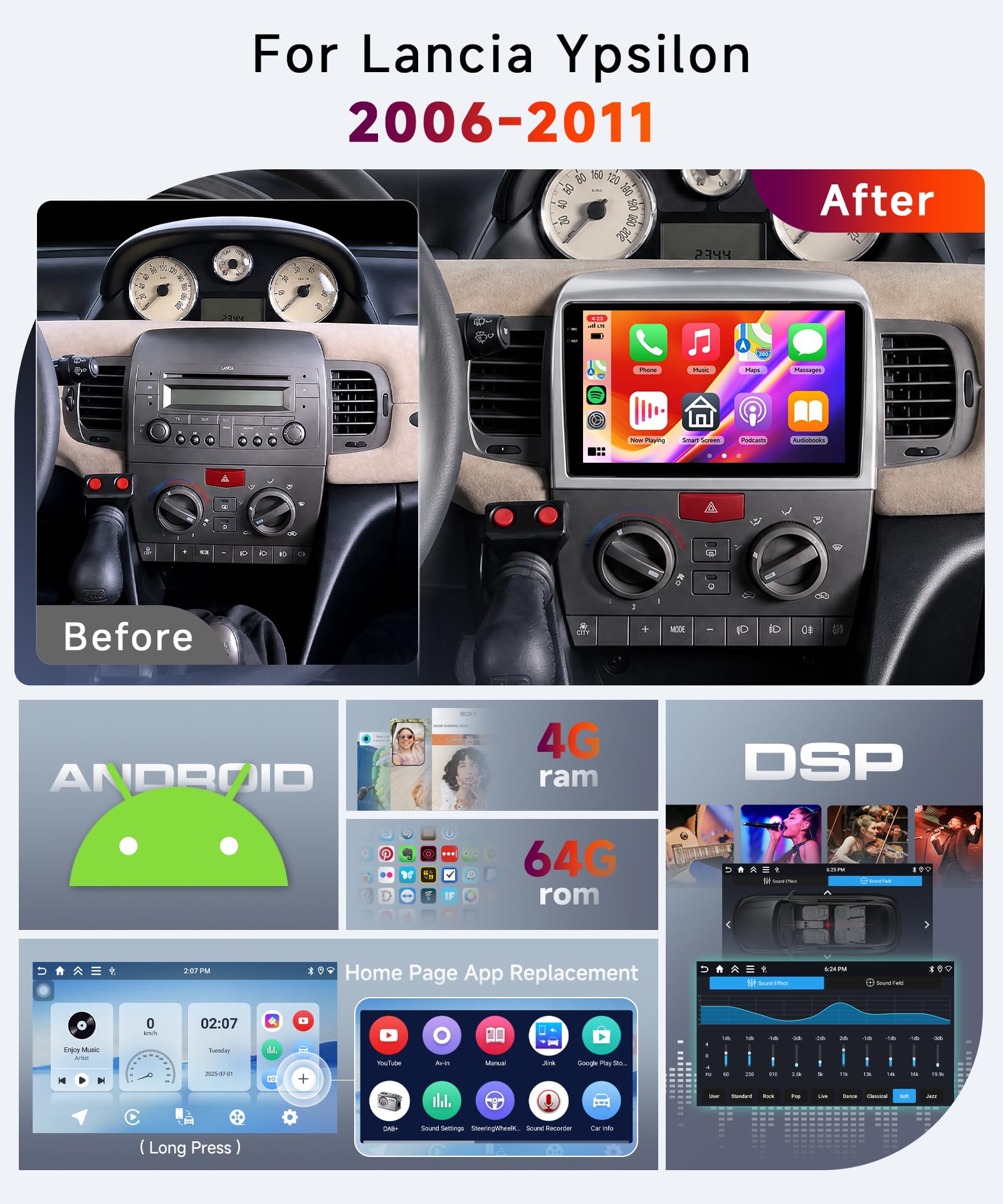 【4+64G】Hodozzy Carplay Autoradio per Lancia Ypsilon 2006-2011, 9 Pollici Schermo In-Cell Stereo Auto Bluetooth 5.0 con Android Auto/EQ/GPS/Wifi/RDS/USB/SWC+Telecamera Posteriore