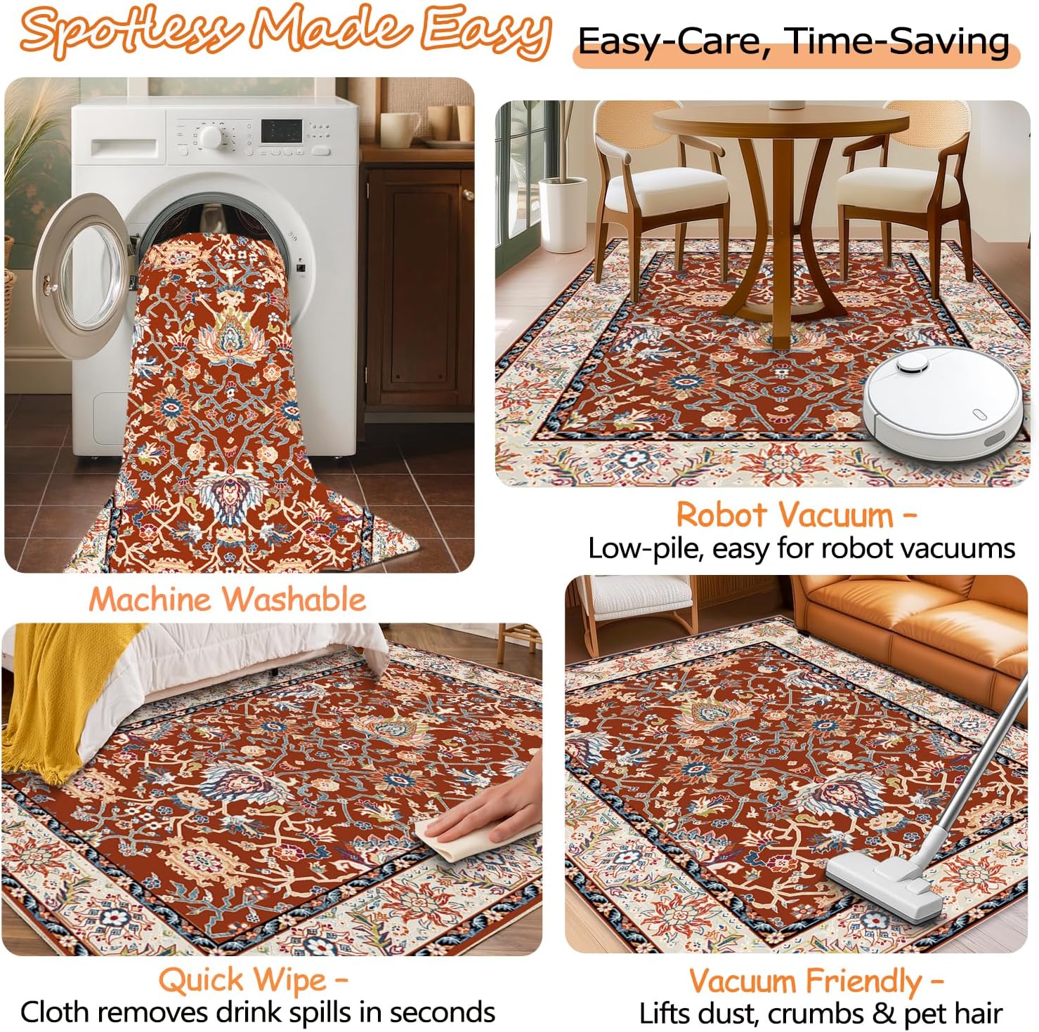 Washable 2x6 Hallway Runner Rug, Non-Slip Low Pile Cozy Kitchen Runner Rug, Brick Red Boho Vintage Floral, Ultra Soft, Stain Resistant, Pet & Kid Friendly Rugs for Bedroom Bathroom Laundry Room