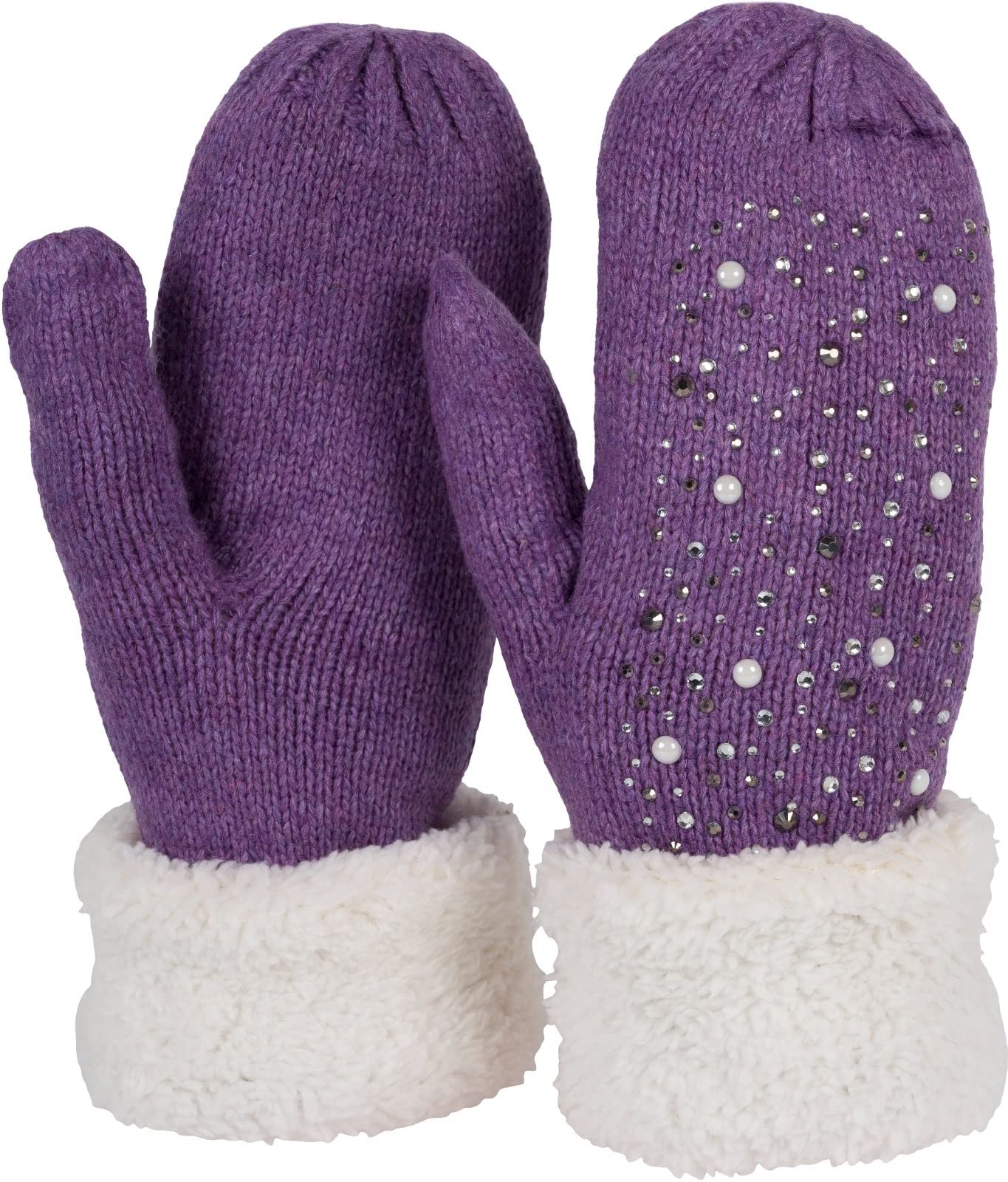 Stylebreaker Women's Violet Warm Winter Knitted Mittens With Rhinestones And Pearls, Gloves, Thermo Fleece, Knitted Gloves 09010039, Colour:
