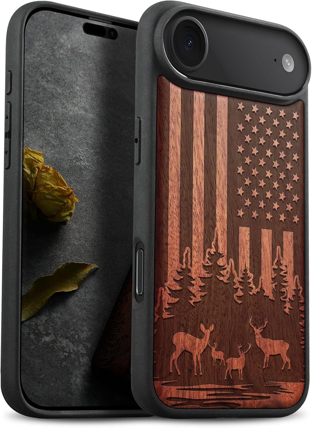 Carveit Magnetic Wooden Case for iPhone Air Case, Wood Artisan Engraved & Soft TPU Shockproof Cover, Compatible with MagSafe 17 Air Wireless Chargers (Patriotic Wildlife Scene) Rosy