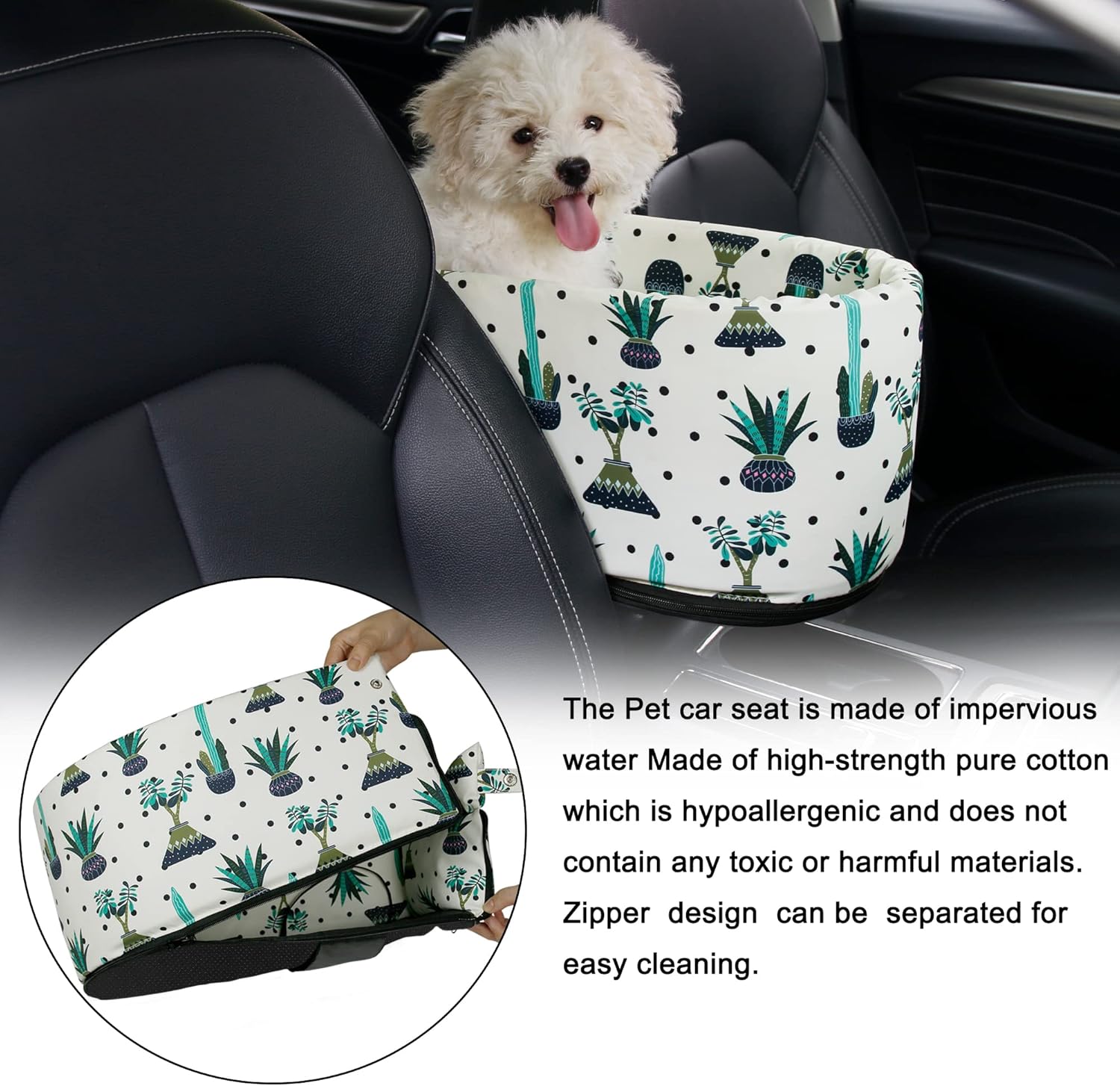 Pet Safety Booster Seat, Center Console Car Seat for Small Dogs Cats, Puppy Armrest Booster Seat, Pet Washable Travel Armrests Bed Bag, Removable Dog Car Seat for Small Pets Up to 13 Lbs (Cactus)