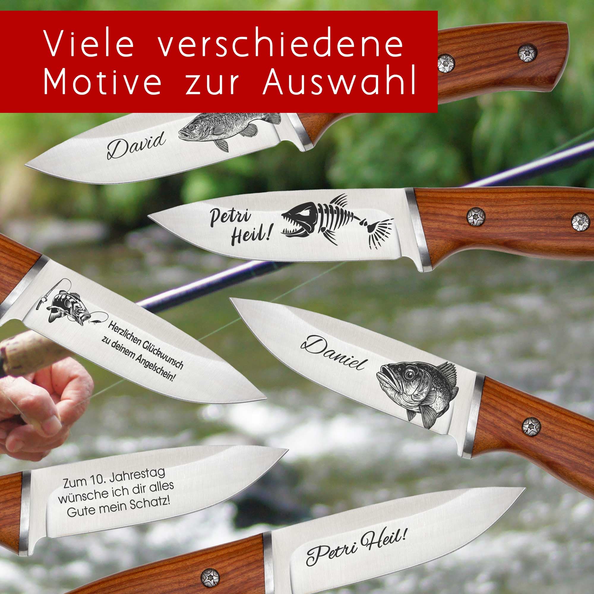 Personalisiertes Angelmesser mit Gravur – Geschenk für Männer – Perfekt zum Geburtstag, Weihnachten, Vatertag für Angler – Hochwertiger Edelstahl, inkl. Lederscheide (ohne Ständer)