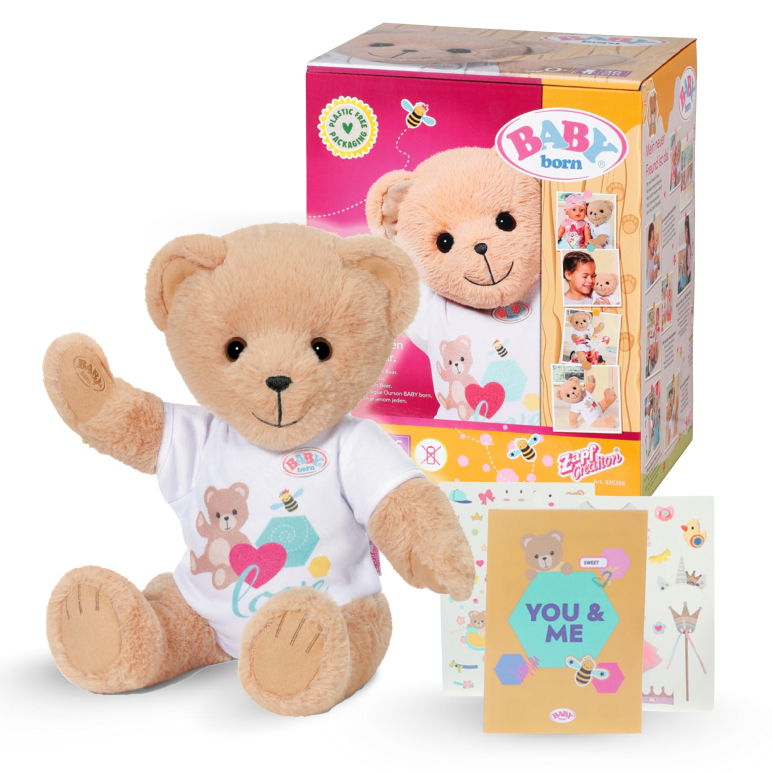 BABY born bear - Soft teddy bear with movable arms & legs - Cuddly toy with white romper & incl. accessories - Suitable for children aged 0+