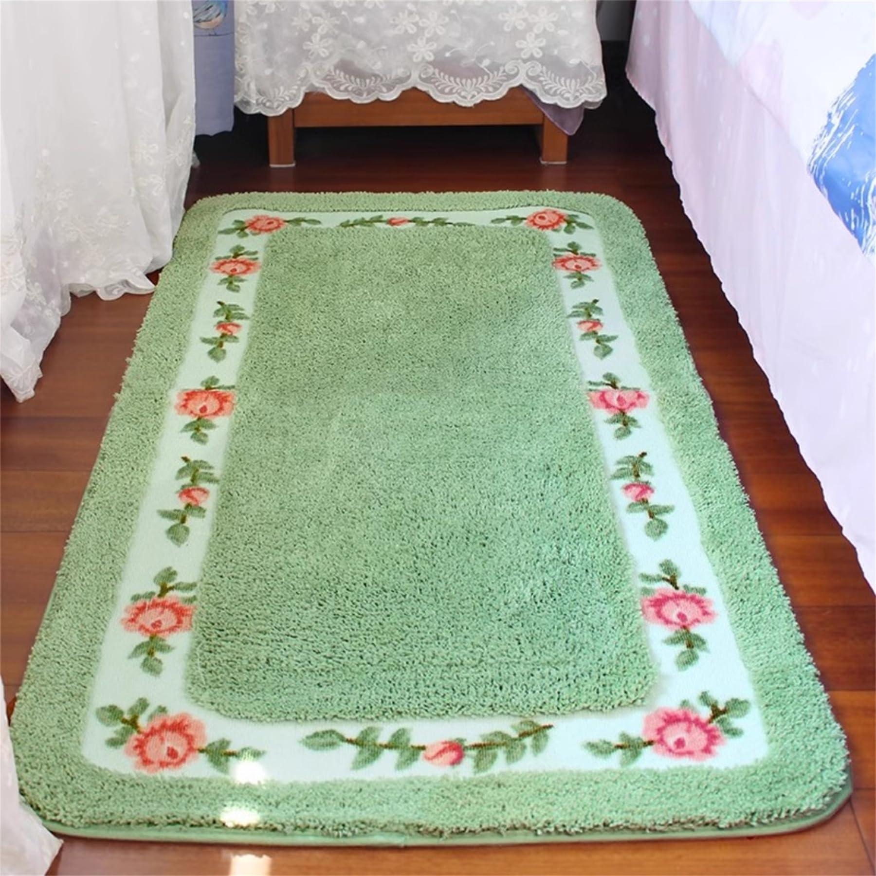 Soft Rose Bathroom Rugs Bath Mat,32X47 Inch, Non-Slip Fluffy Soft Plush Microfiber Flowers Shower Carpet Rug, Machine Washable Quick Dry Ultra Shaggy Bath Mats for Tub, Bathroom and Shower,Green