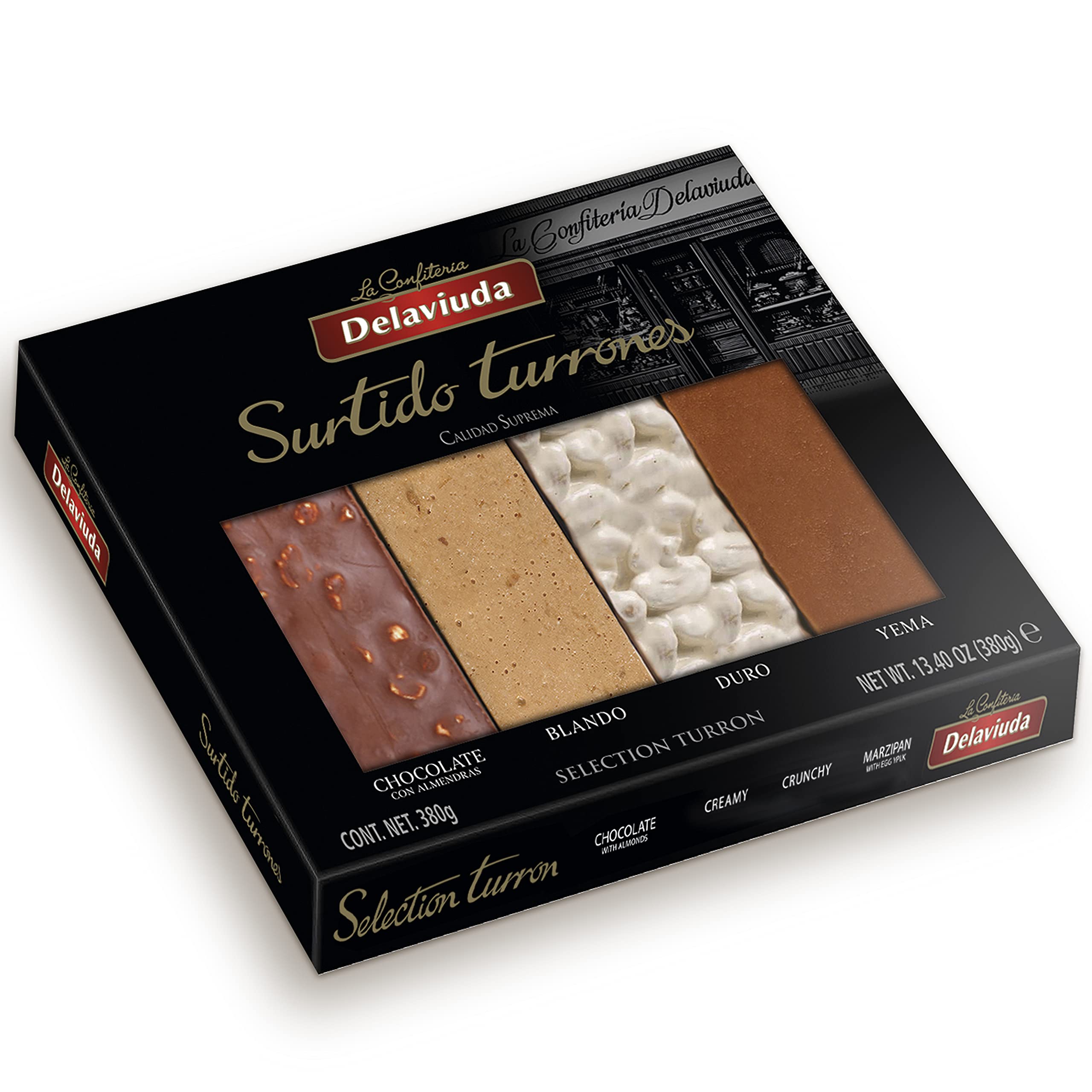 Delaviuda, Surtido de Turrones Navideños, Turrón Duro, Blando, Yema y Chocolate con Almendras, 380 Gramos