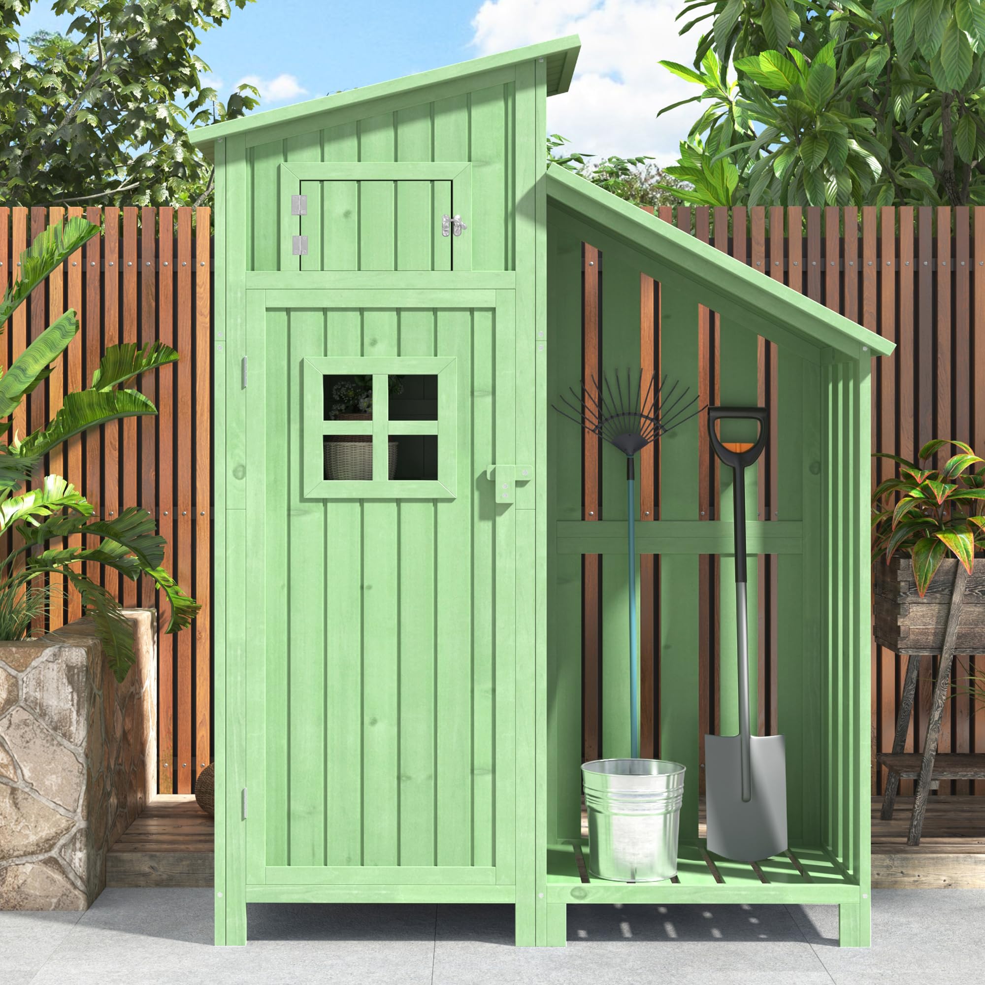 Gerätehaus Holz, Geräteschuppen, Outdoor Schrank 124x46x174cm, Geräteschrank mit Boden, Grün