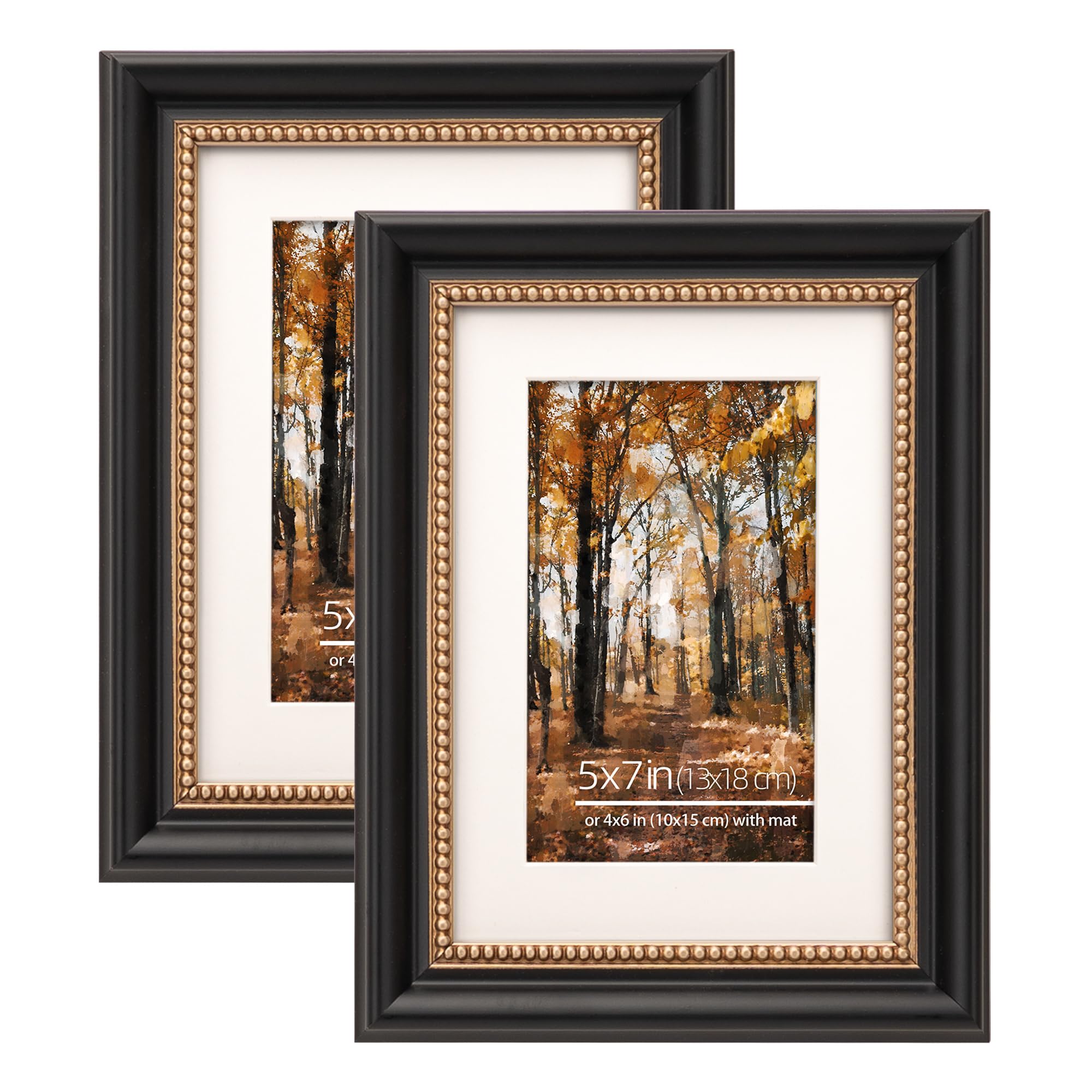 Eitida Vintage Black Ornate Black Wooden Vintage Picture Frames, 5X7 Inches, Gold Beaded Inner Border, Wall Mount/Table Top, Mat For 4X6 Photos, Set Of 2
