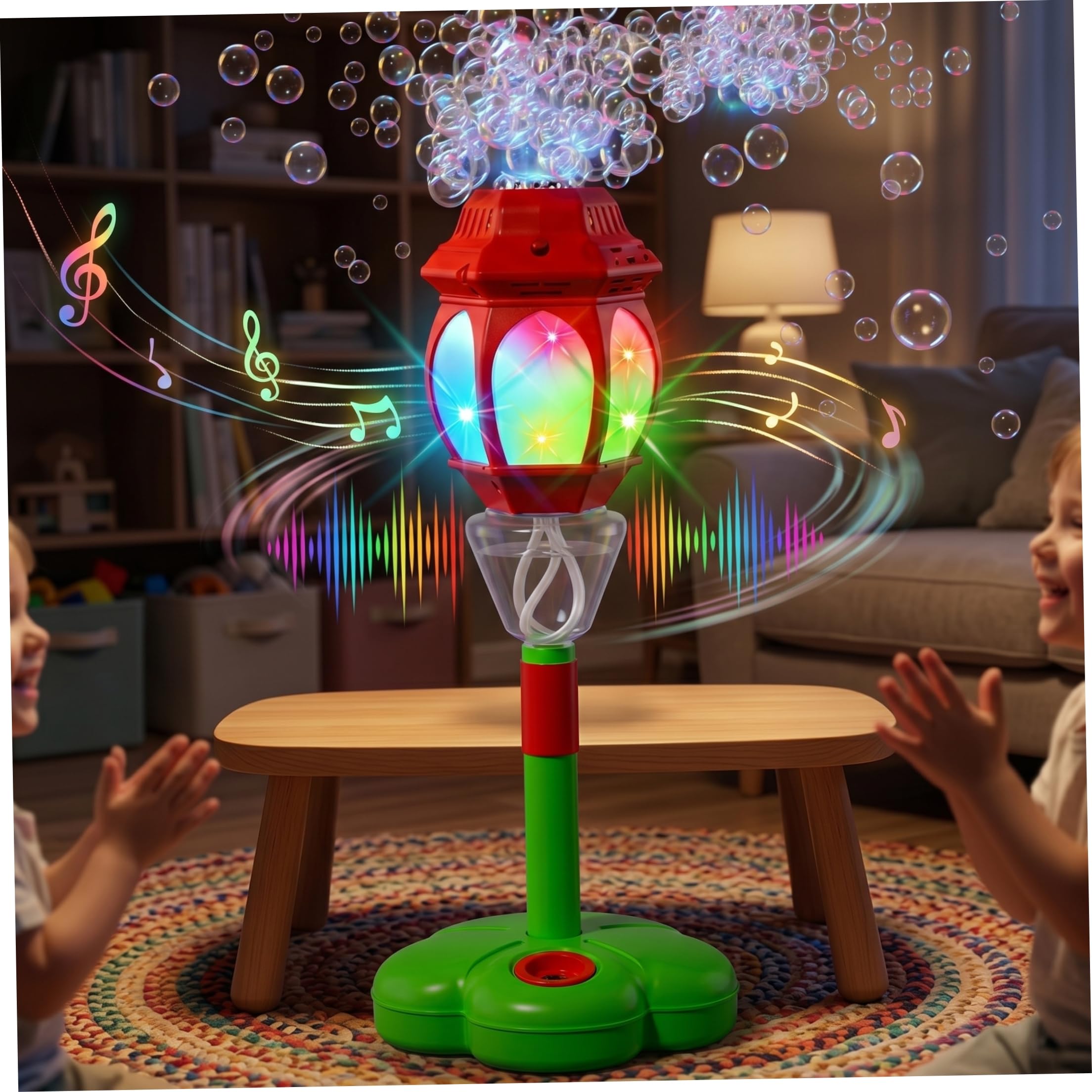 Máquina de burbujas para niños, máquina automática de burbujas con sonido y luz, linterna para niños, liberación de un botón, control remoto, soplador rojo recargable
