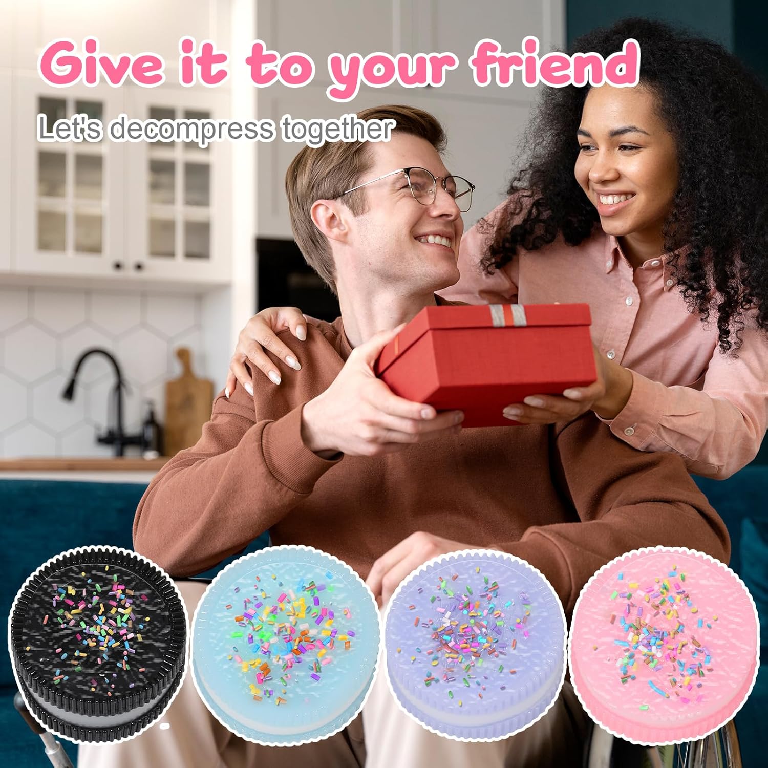 4pcs Handmade Soft Cookie Squishy Silicone Stress Relief Squishy Toy Pink Cookie Dessert Kawaii Squishies Fidget Toy Stress Relieving Fur Ball OPP Packaging Gifts (4pcs)