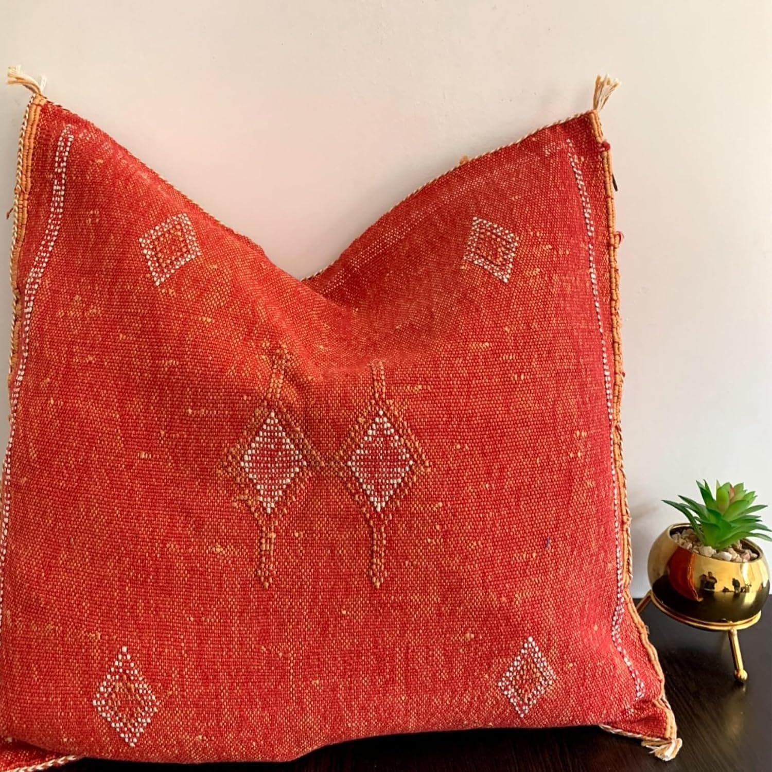 Handmade Moroccan Cactus Silk Pillow Cover – Colorful 20"x20" Square Throw Cushion, Decorative Sabra Pillow for Sofa & Bed, Boho Home Décor (Red)