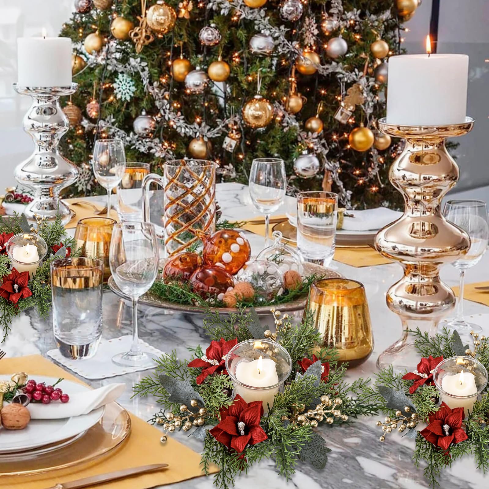 Christmas Candle Rings Artificial Poinsettia Golden Berry Greenery Garland Candle Ring Holder Garland Candle Ring Christmas Decoration for Pillar Rustic Wedding Centerpiece Mantle Table Decor