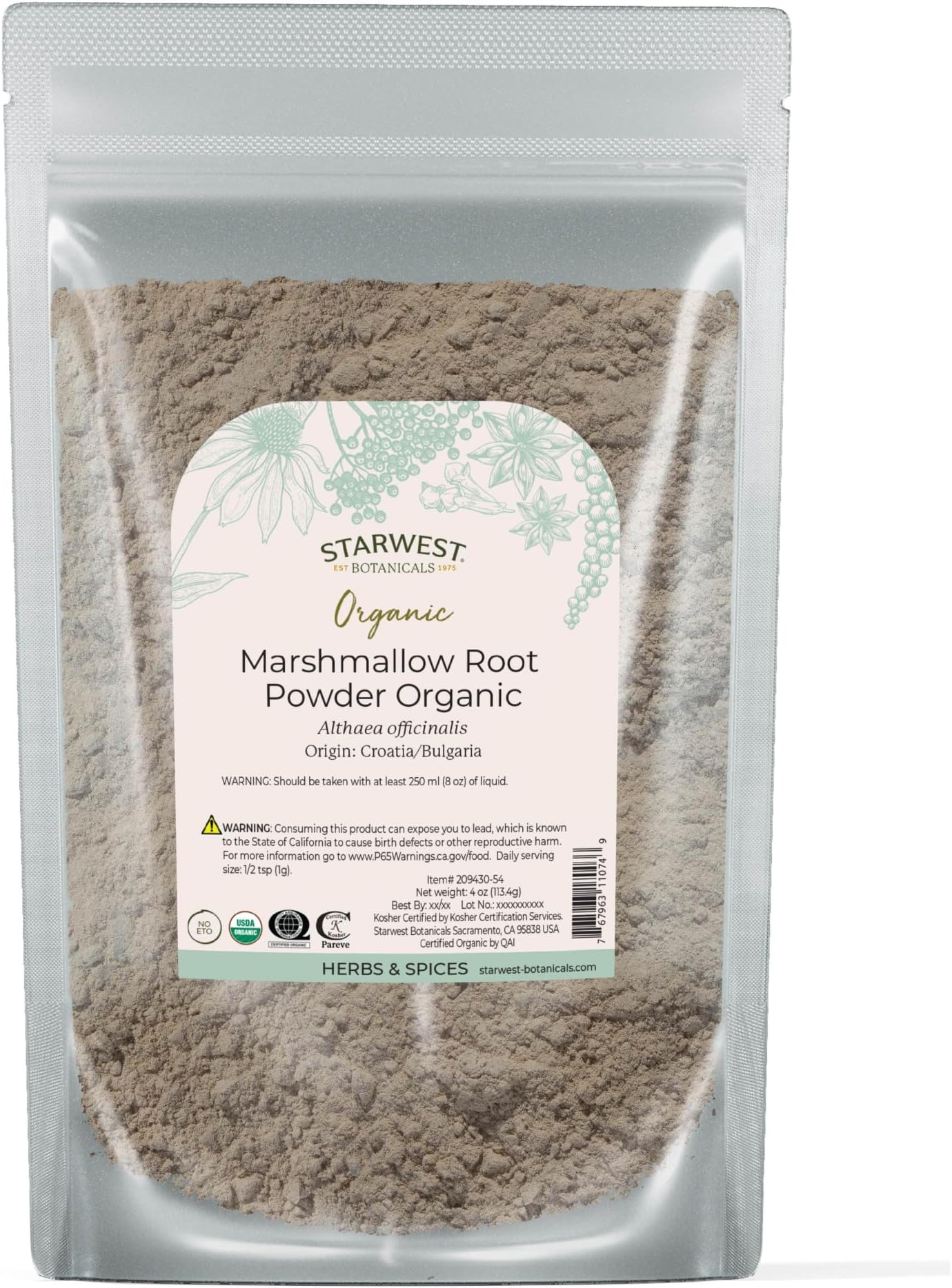 Starwest Botanicals Marshmallow Root Pwd Organic - Althaea officinalis, 4 Oz,()