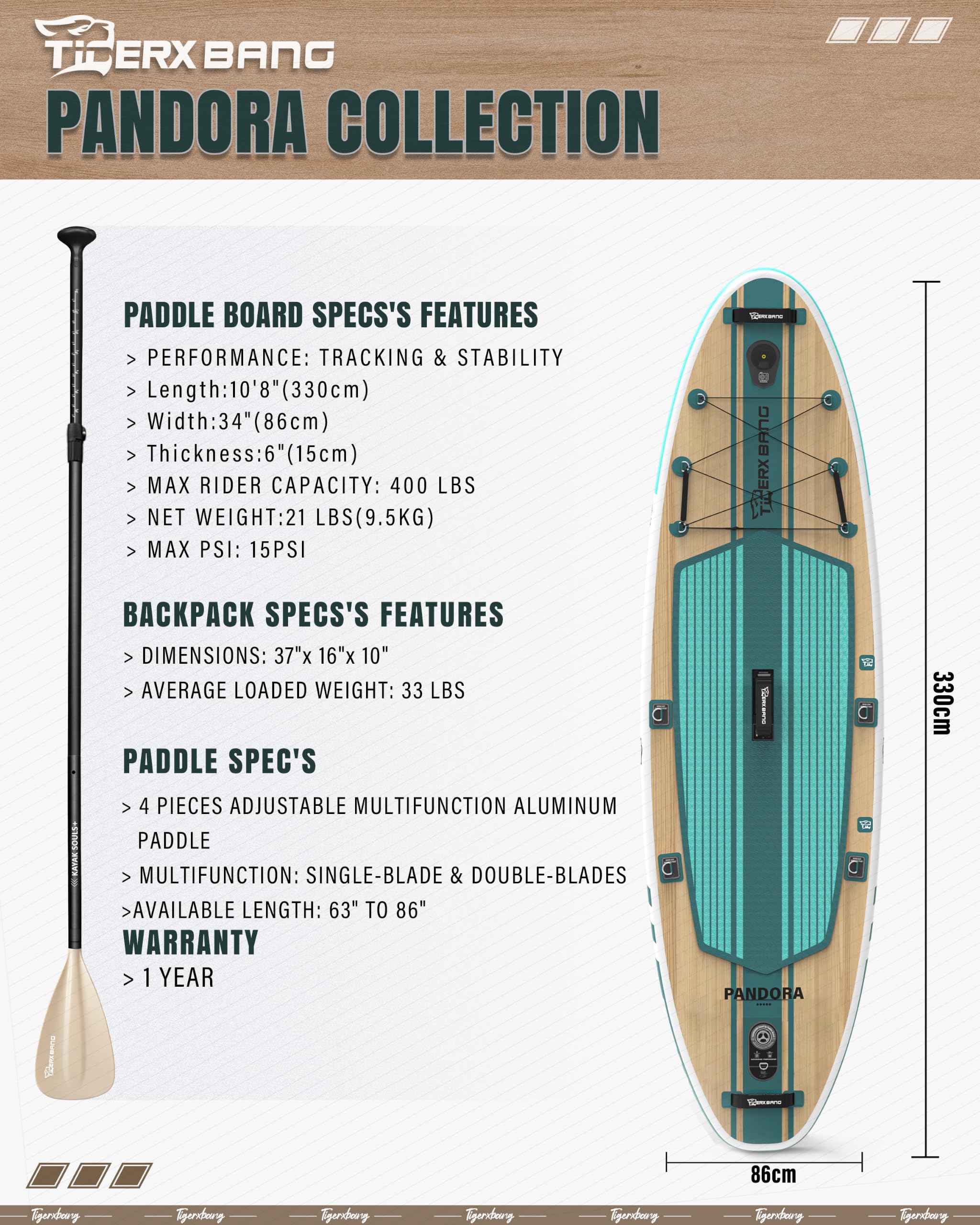 TIGERXBANG Tabla de surf hinchable de 330 x 86 x 15 cm, juego completo para adultos y jóvenes, iSUP extra ancha con juego de accesorios premium, color verde Pandora