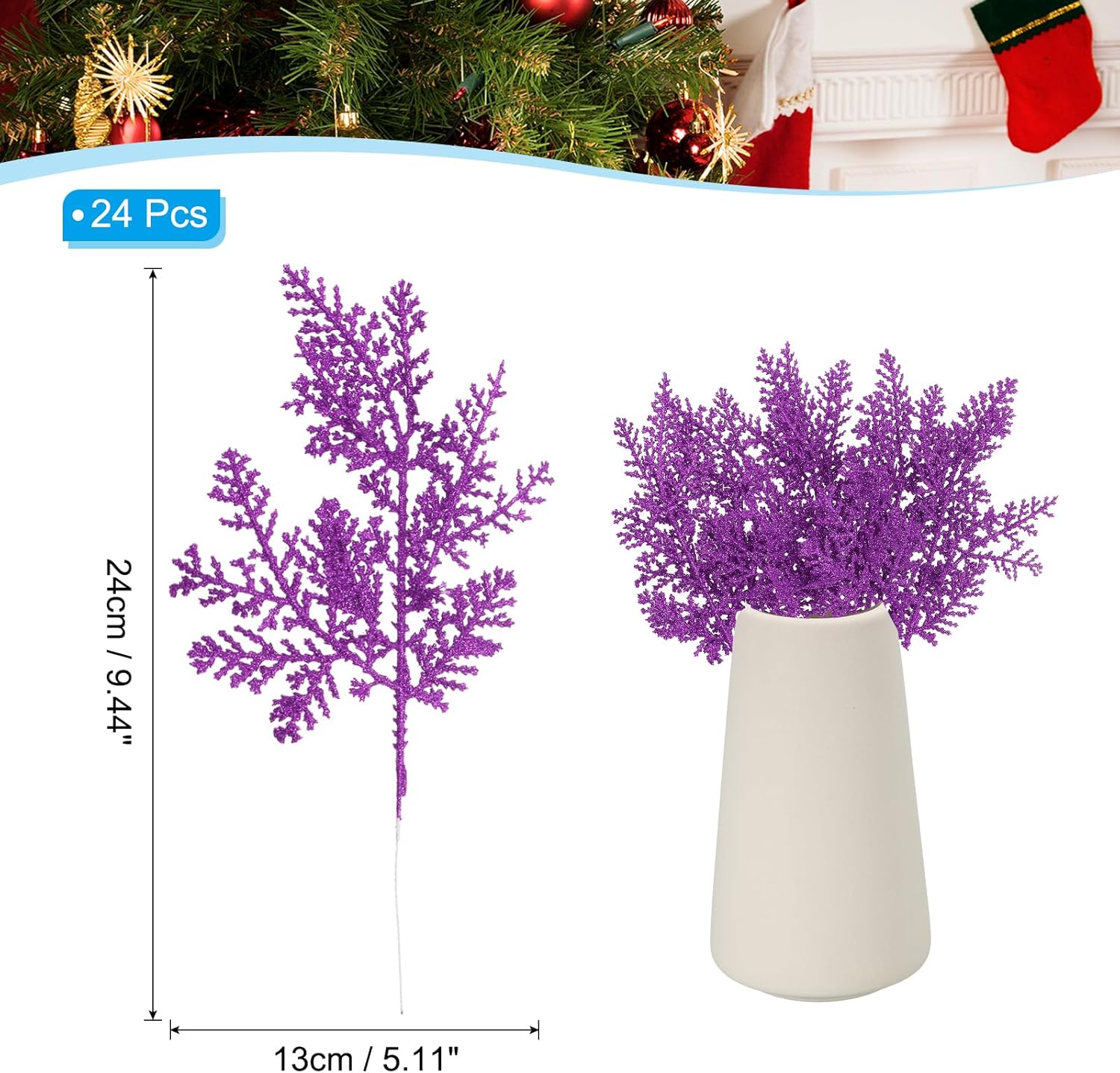 PATIKIL 10 Inch Artificial Pine Needles, 24 Pcs Glitter Pine Stems Christmas Branches Fake Floral Twig Leaves Faux Cedar Picks Sprays for Tree Bouquet Wedding Wreath Greenery Decor, Purple