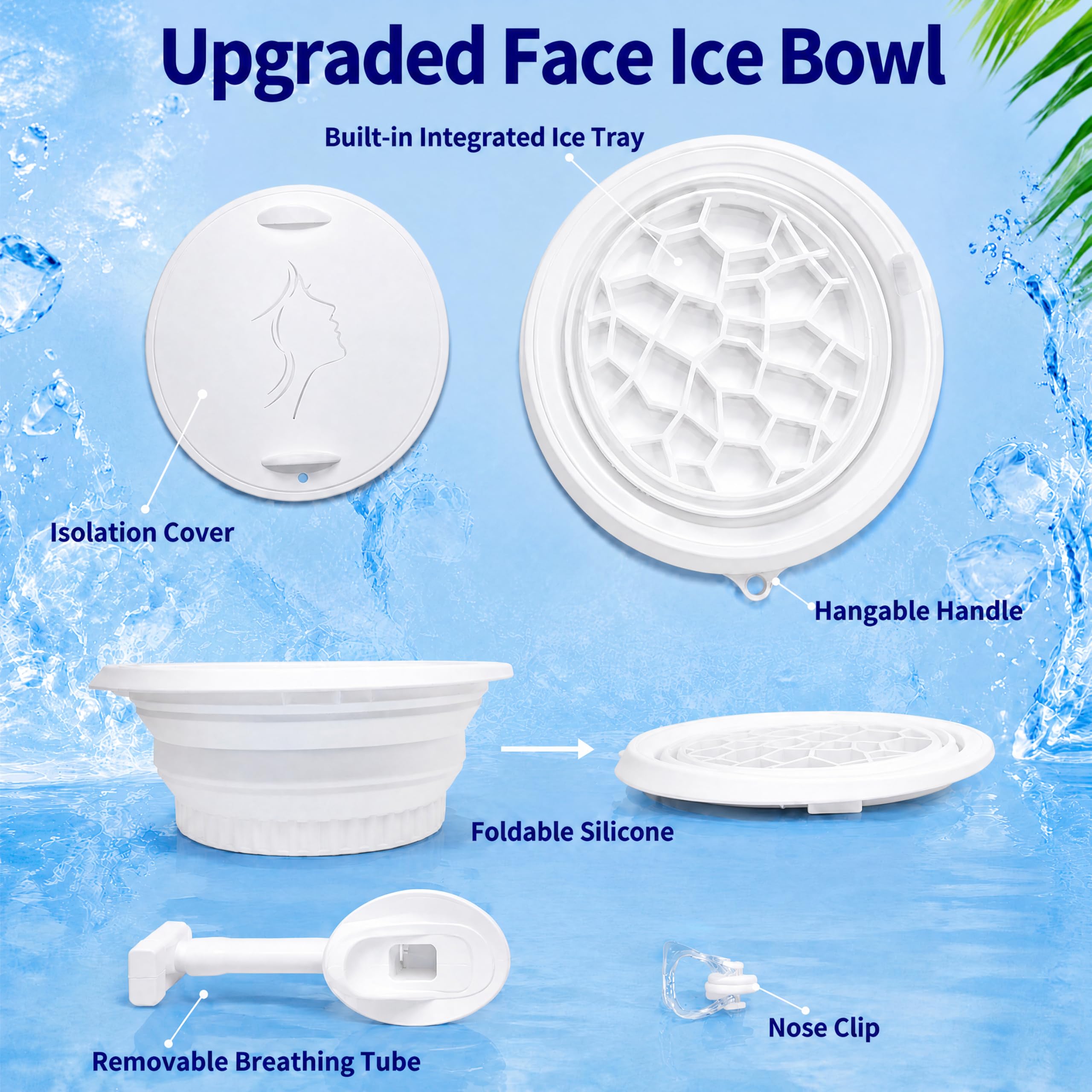 Collapsible Silicone Face Ice Bath Bowl with Breathing Tube and Ice Tray