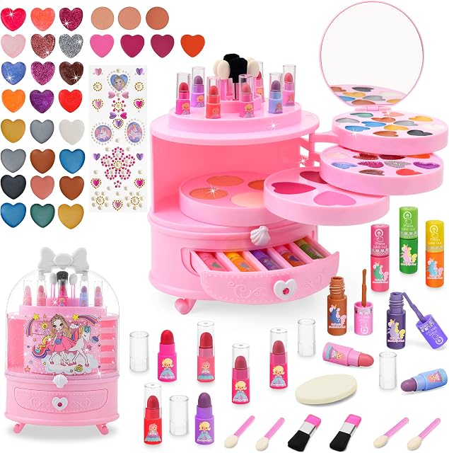 Bloranda 53PCS Kids Makeup Sets for Girls Age 3/5/7/9 Unicorn Real Washable Girls Make Up Set Non Toxic Makeup Kit Children Cosmetics Gifts Set for Girls Age 3-12