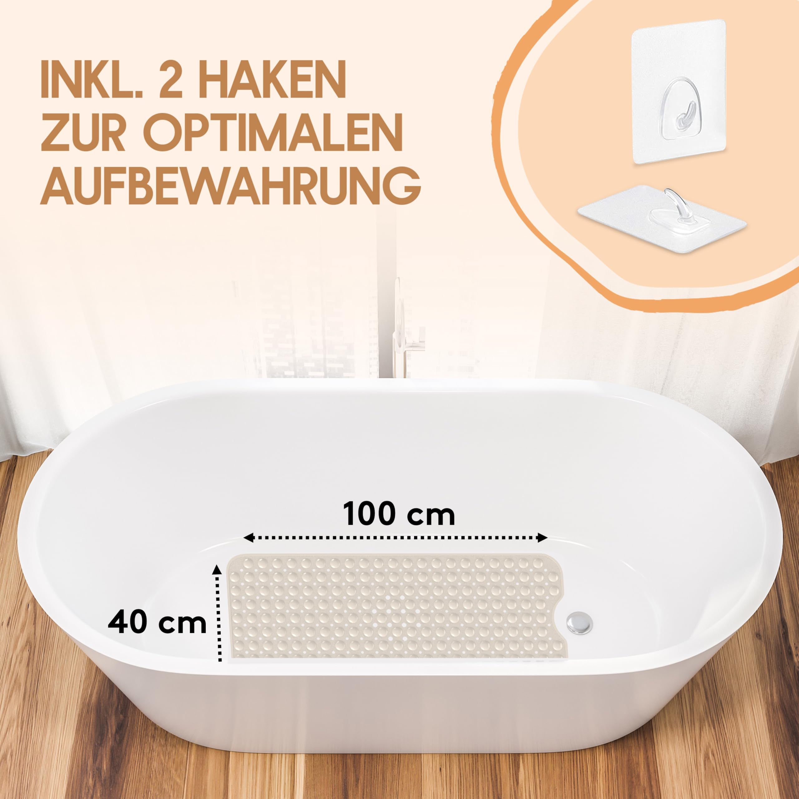 Tapis de douche antidérapant Sensitiv 100x40 cm - INCL 2 crochets - Tapis de bain antidérapant - Tapis de bain antidérapant sans BPA - Tapis de bain résistant à la moisissure et lavable