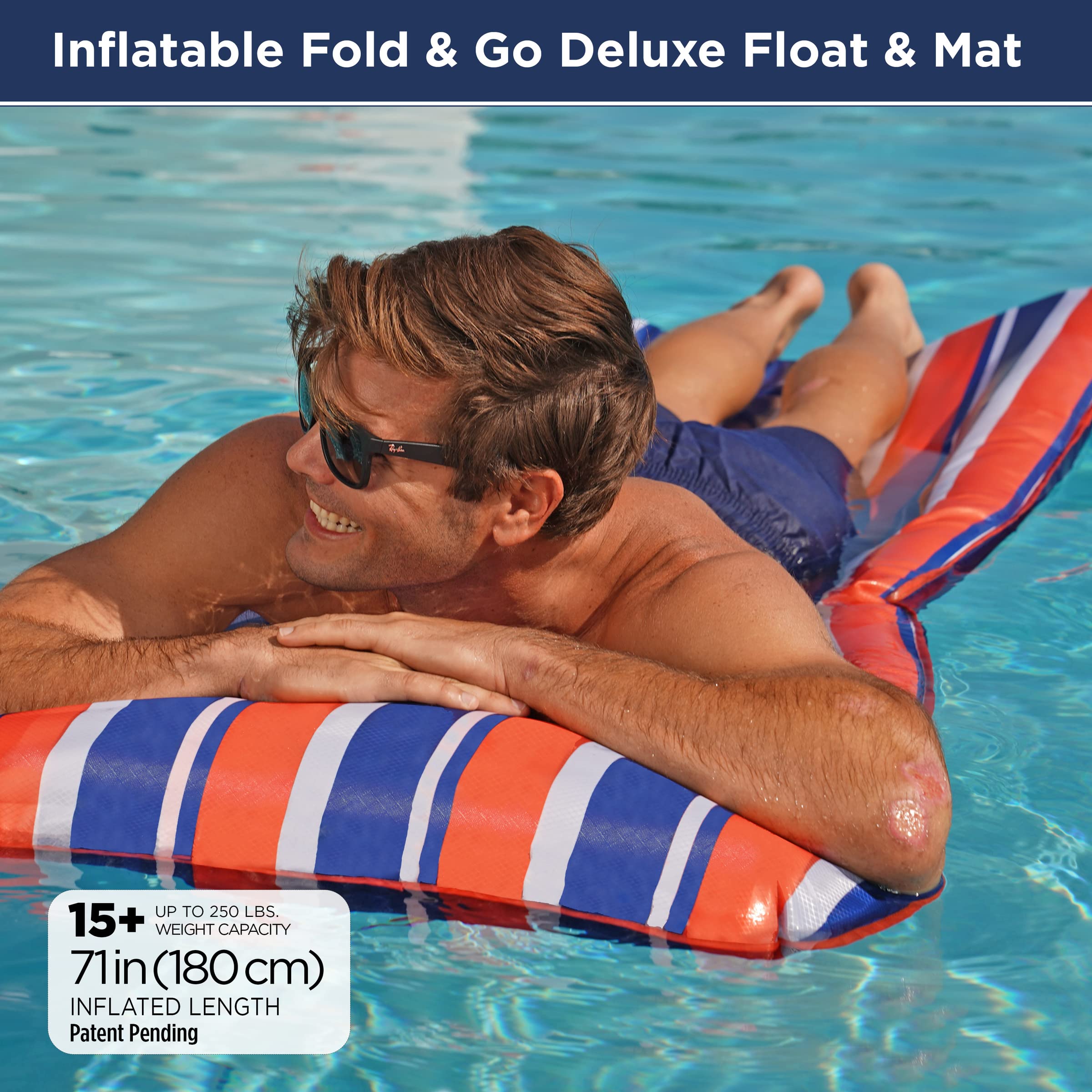 Inflatable Fold N Go Deluxe Float and Mat with Built in Self Storing Carry Bag 71inx27in-Rip Stop