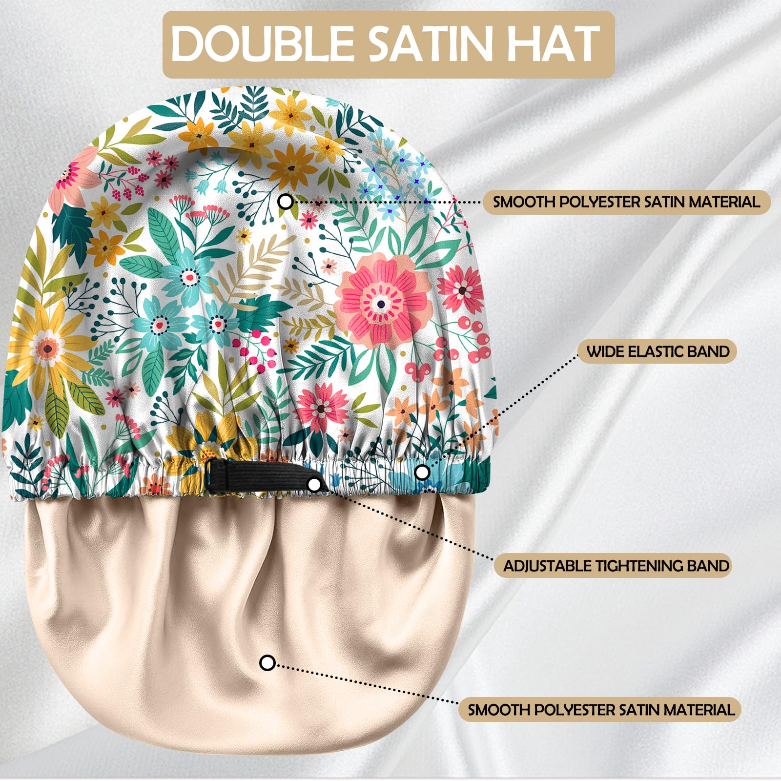 BHAHB Satin Bonnet Silk Bonnet for Sleeping Double Layer Elastic Adjustable Hair Caps Reusable Cute Aesthetic for Women Girls (O2-Flowers) - Image 4