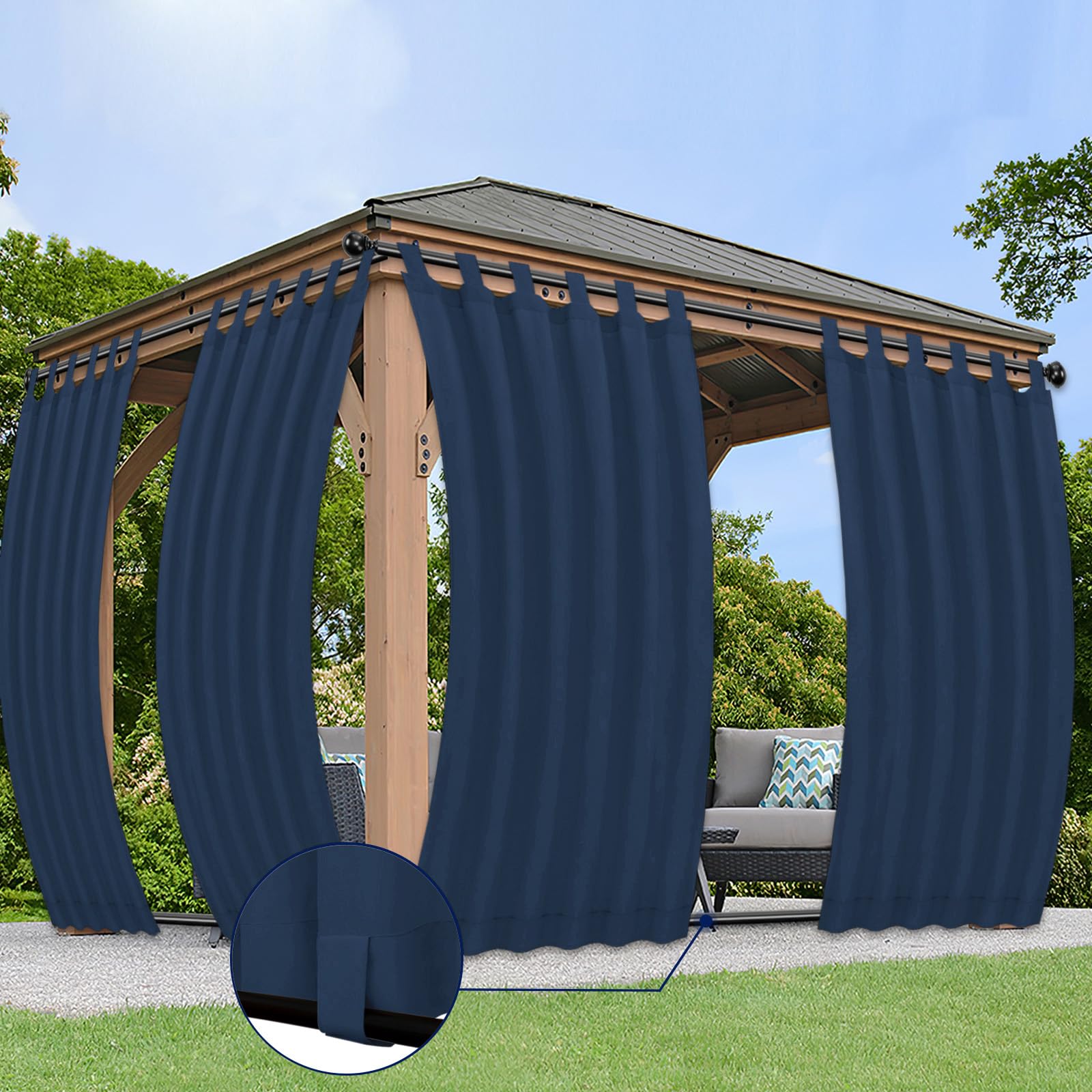 PureFit Outdoor Curtains for Detachable Sticky Tab Top Patio Waterproof/Weatherproof, UV and Fade Resistant Outside Curtains for Gazebo, Porch,