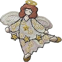 Vista 1 de Angel with Halo - 3 estrellas - Alas 3D - Blanco/Oro - Parche bordado para planchar