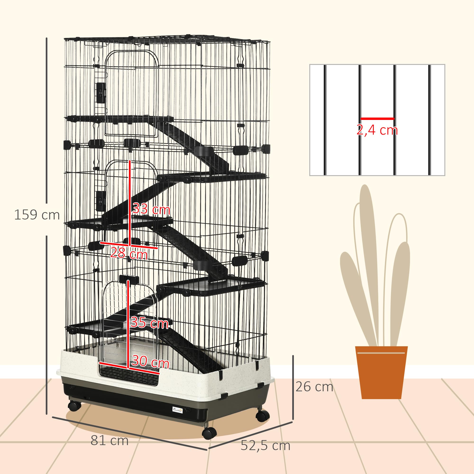 PawHut Grande Cage Enclos Lapin à 5 Niveaux 3 Portes 81 x 52,5 x 159 cm