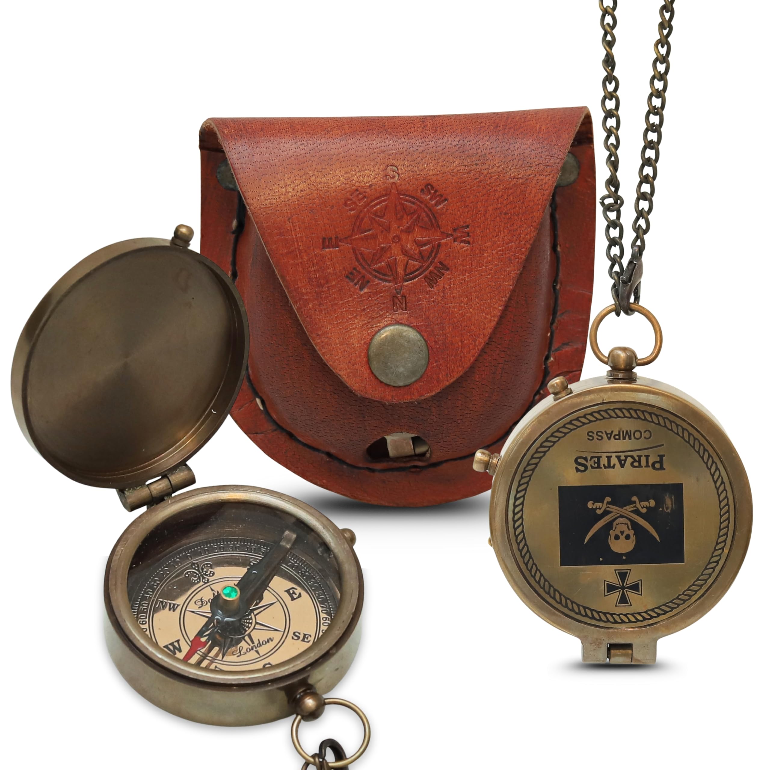 Mosiężny kieszonkowy kompas żeglarski z czarnym skórzanym etui – kompas nawigacyjny w stylu vintage do wędrówek, biwakowania, pływania łodzią i kolekcjonerów