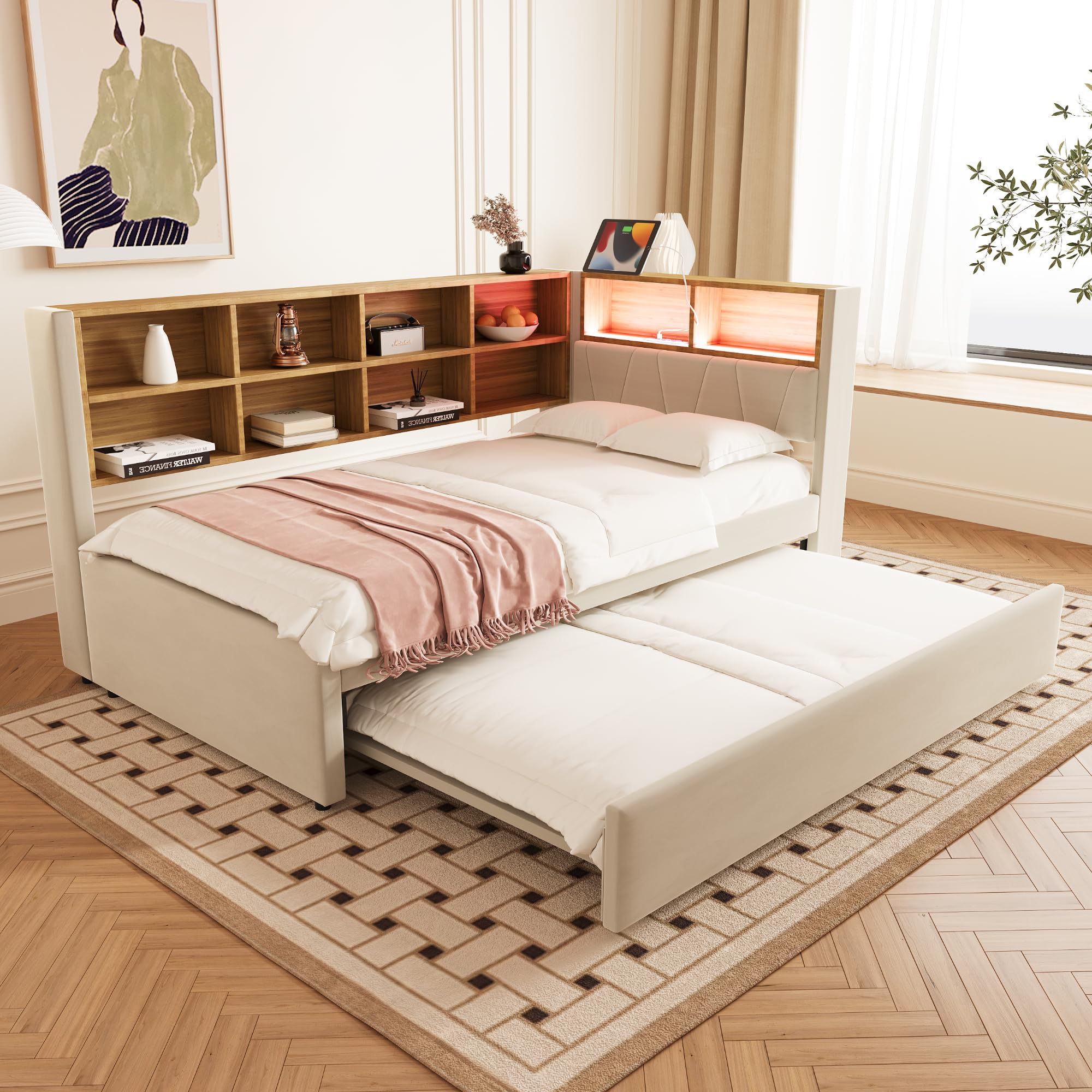 Moimhear Divano letto 90 x 200, letto estraibile 90 x 190 cm, con presa USB e molti scomparti, letto imbottito, divano letto multiuso, letto singolo (beige)