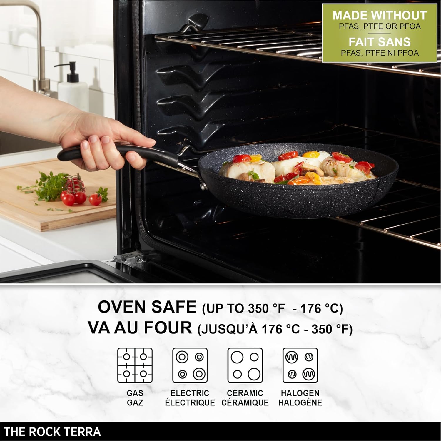 Starfrit The Rock Terra 1,9L (2QT) Ceramic Non-Stick Saucepan with Lid - Thick Aluminum Base - PFAS Free - Easy to Clean - Black Marble