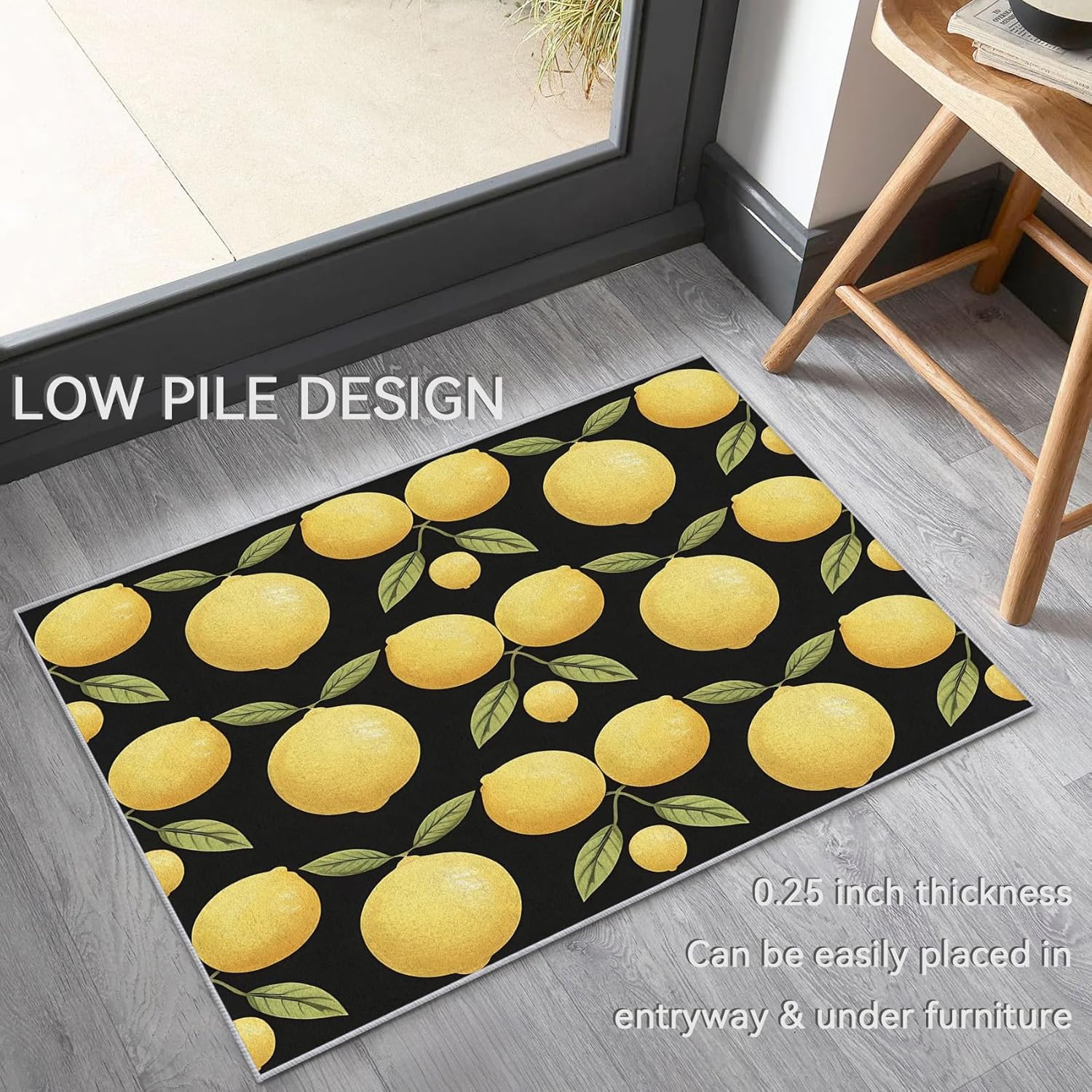 Lemon Throw Rug 2x3, Washable Summer Tropical Fruit Rugs for Entryway Bedroom Kitchen, Green Yellow Black Area Rug for Home Decor, Non Slip Backing Indoor Floor Mat Carpet - 2 x 3 ft