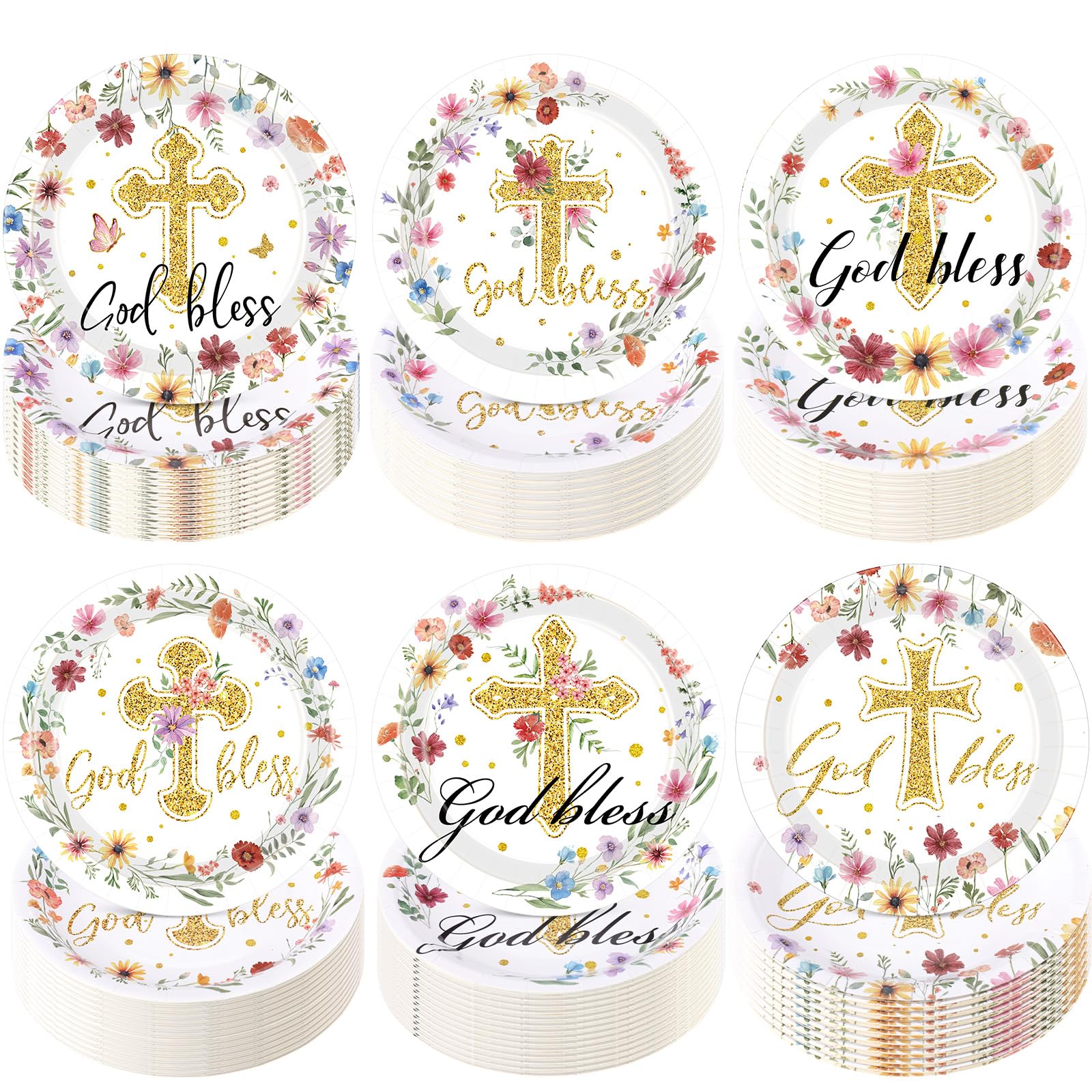 Funnymoom 60 Pcs Baptism Plates Baptism Party Supplies 7 Inch God Bless Floral Paper Plates Decoration for Girls Disposable Flower Party Decoration for Mi Bautizo Christening Confirmation Baby Shower