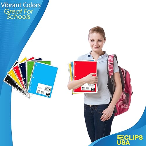 Miniatura 3 de E-CLIPS USA Cuaderno de espiral, cuadernos con rayas universitarias, 70 hojas, una sola materia, cuadernos a granel, surtido de 6 colores, hojas