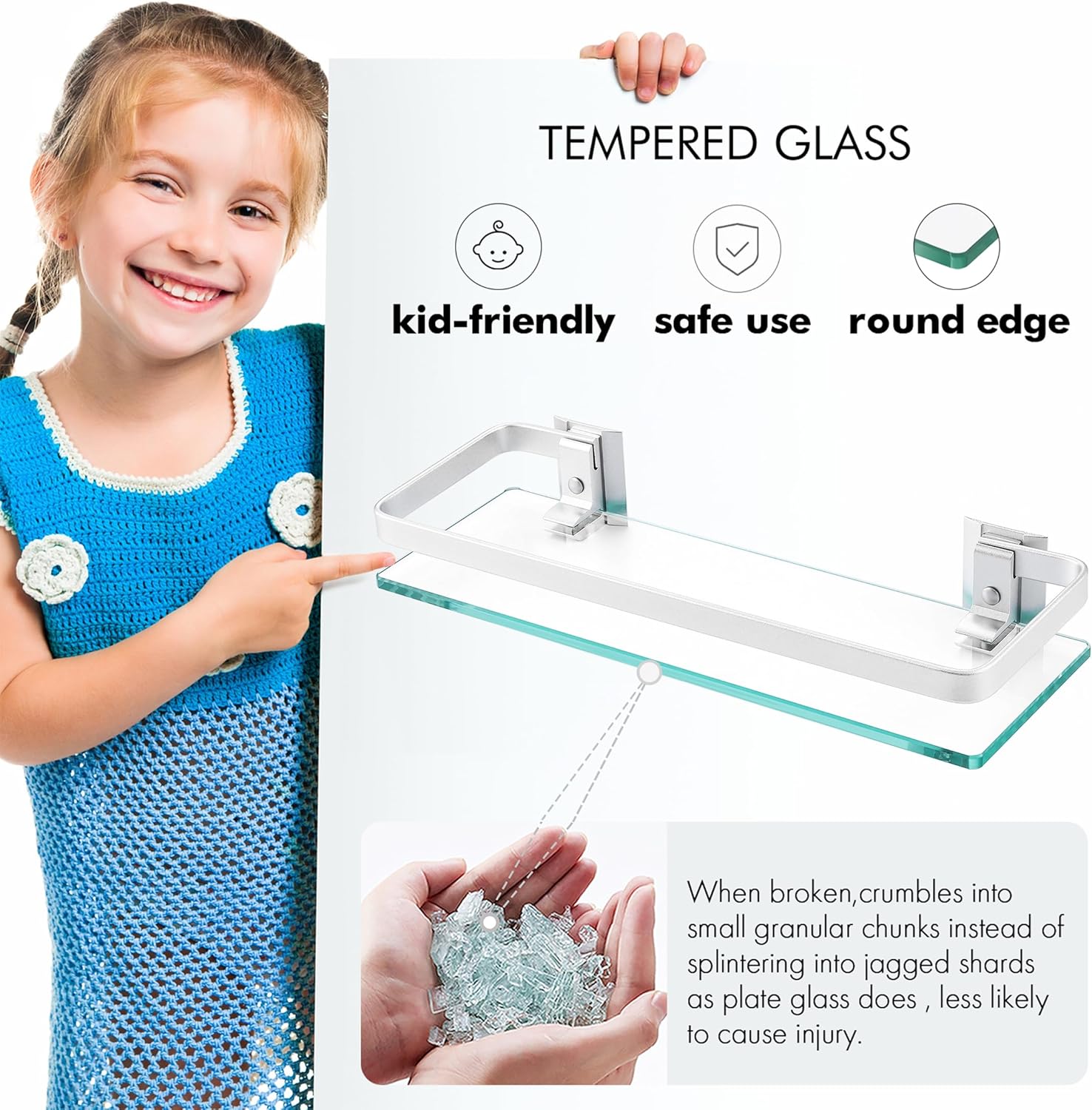 KES Glass Shelf for Bathroom, Glass Bathroom Shelf Floating Glass Shelf for Wall Aluminum Extra Thick 8MM Tempered Glass Shelves 3 Pack 1 Tier Rectangular Wall Mount Silver, A4126A-P3