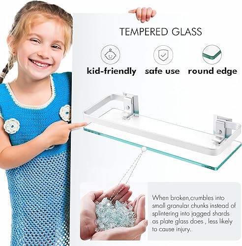 Miniatura 6 de KES Paquete de 3 estantes de vidrio para baño, estante de vidrio flotante para pared, estantes de vidrio templado extragruesos de 0.315 in, montaje