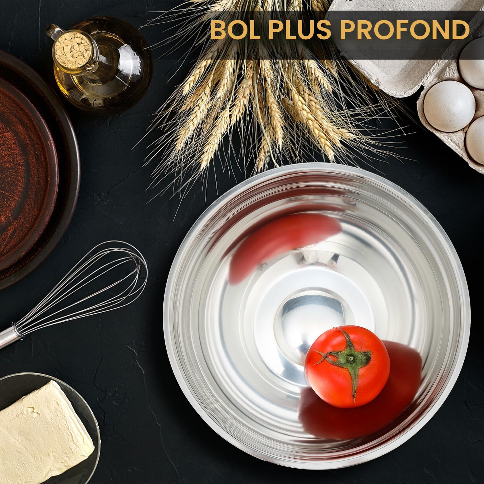hunnycook Set de 7 saladier avec couvercle,Saladier en acier inoxydable avec couvercle 5L,4.5L,4L,2.4L,1.7L,1.25L,0.8L,Ensemble de saladier empilables,Lavable au lave-vaisselle