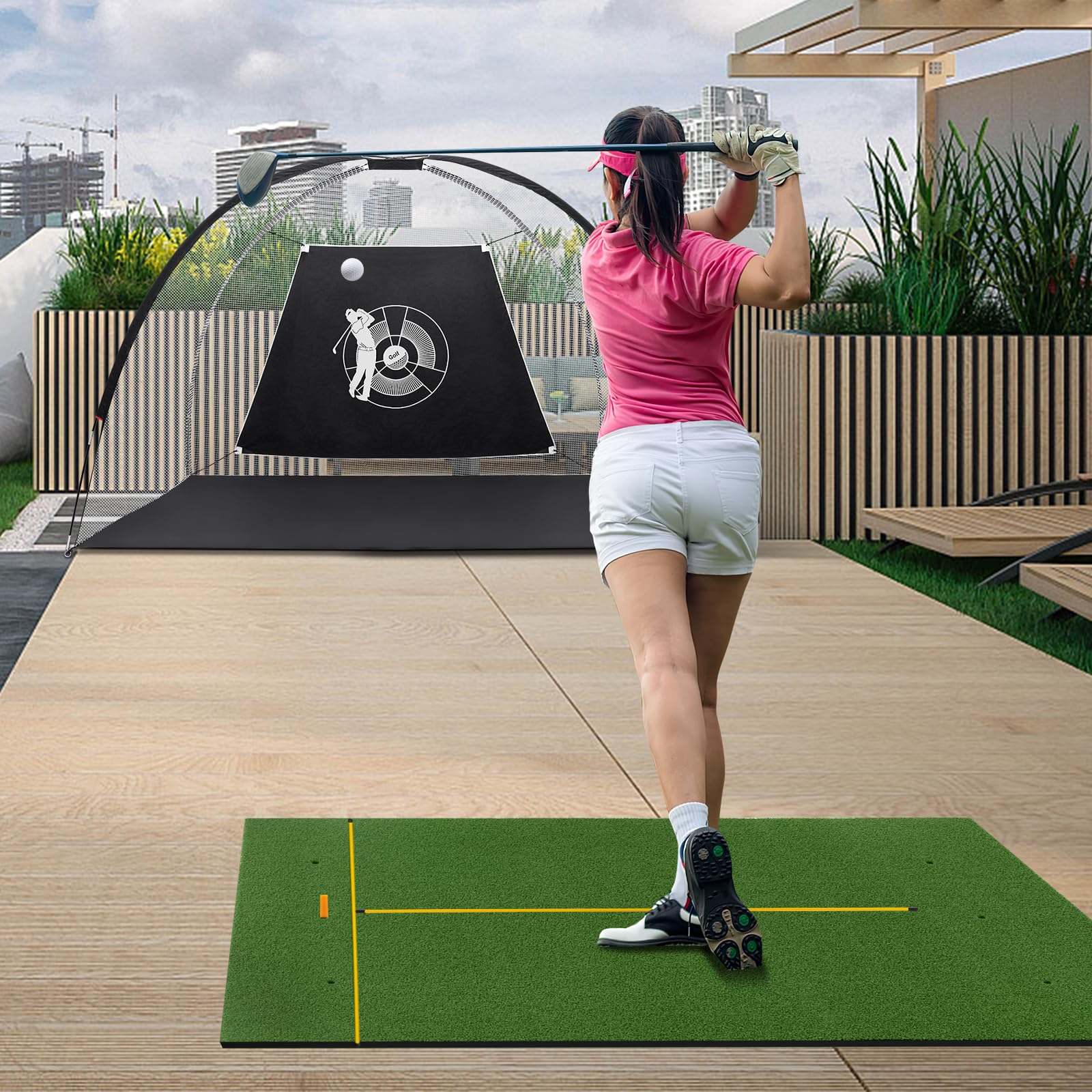 COSTWAY Tappetino da Allenamento Golf, Tappetino da Allenamento 3-in-1 con Erba Sintetica, 2 Punte da Golf, 2 Astine di Allineamento, Fori Preforati per le Punte, per Uomini e Donne
