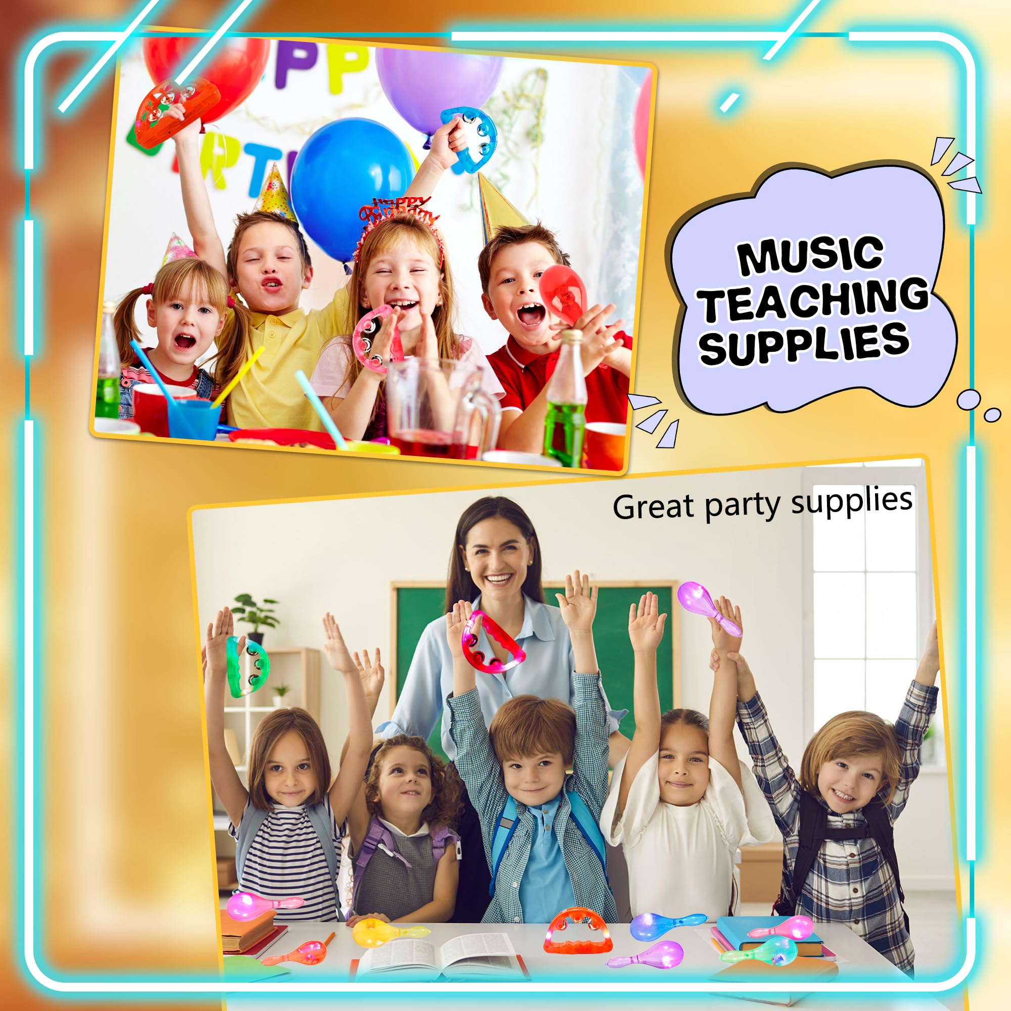 Confezione da 28 strumenti a percussione con luci a LED, include 18 tamburelli a LED con 10 mini maracas in plastica che si illuminano al buio per bomboniere di nozze strumento musicale