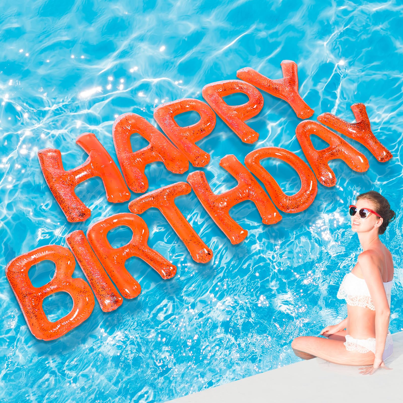 Shappy 20'' Happy Birthday Pool Large Floating Letter Balloons with Adhesive Dots Inflatable Pool Decorations for Summer Birthday Party