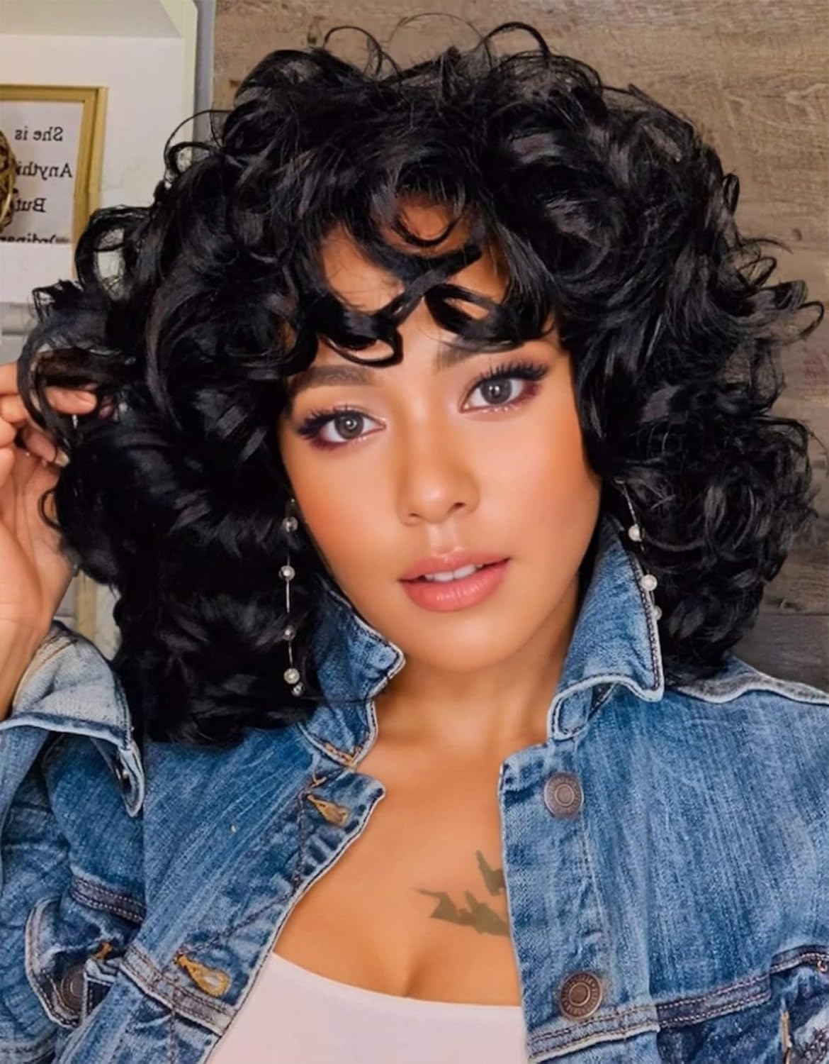 KEAT Curly Wigs for Black Women 14″ Short Kinky Curly Black Wig with Bangs Cute Natural Synthtic Soft Wig K001BK