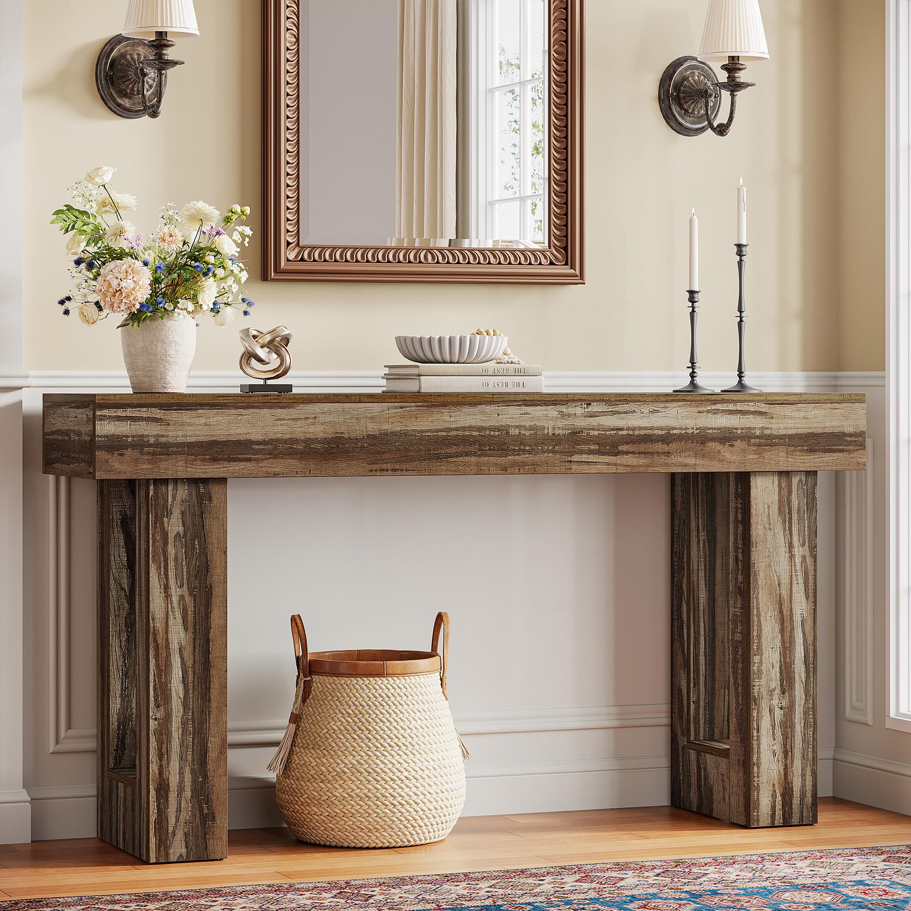 Tribesigns Console Table, 63" Farmhouse Entryway Table, Rectangular Wooden Accent Console for Entrance, Hallway & Living Room (Mottled Gray Brown)