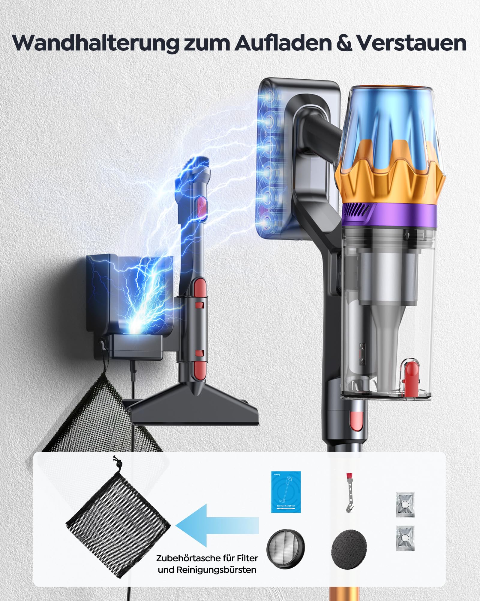 Fieety Akku Staubsauger Kabellos 55KPa/650W/80Min, 1,8L Akkustaubsauger mit Automatikmodus, 1,5M Schlauch, Duftfunktion, Anti-Tangle-Bürste, für Tierhaare, Teppiche, Hartböden, Auto
