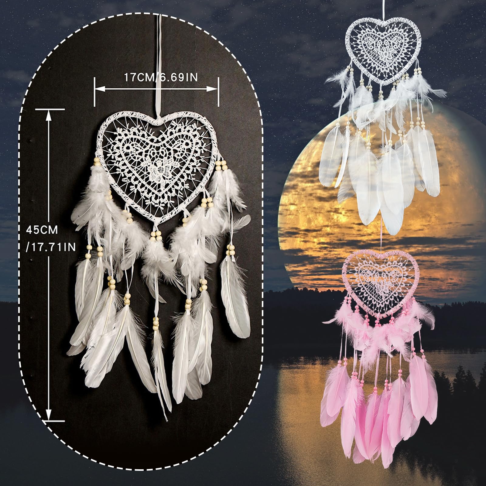 JSTHHTT 2 Pezzi Acchiappasogni con Piuma, Acchiappasogni con Pizzo Intrecciato, Realizzato a Mano Dream Catcher, per Ragazze Camera da Letto Casa Parete Decorazione Matrimonio Regalo