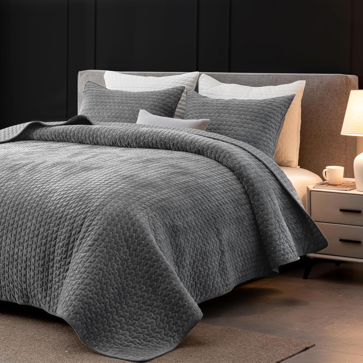 Powdion Velvet Quilt King Size, Oversized Bedspread Quilted Bedding Set, Luxurious Soft Coverlet Set Lightweight Velvet Comforter for All Season with 2 Pillow Shams, 96x106 Striped Quilt Set Gray - Image 7