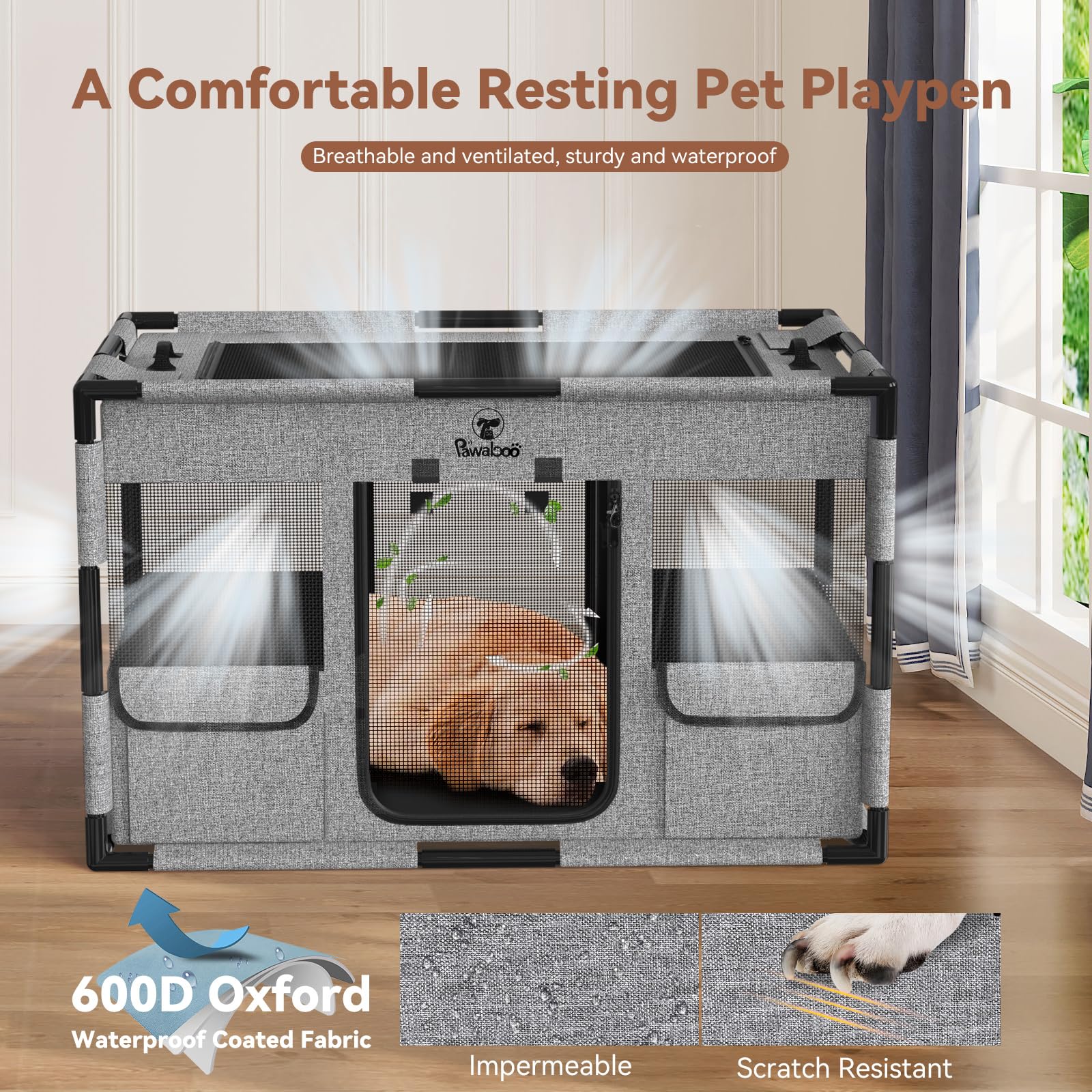 Pawabo Recinto per Cani Con Copertura e Cancello, Recinto per Cuccioli Recintos per Cani, Tessuto Irrobustito Resistente allo Strappo Recintos con Fondo Impermeabile & Rete Traspirant,L, Nero & Grigio