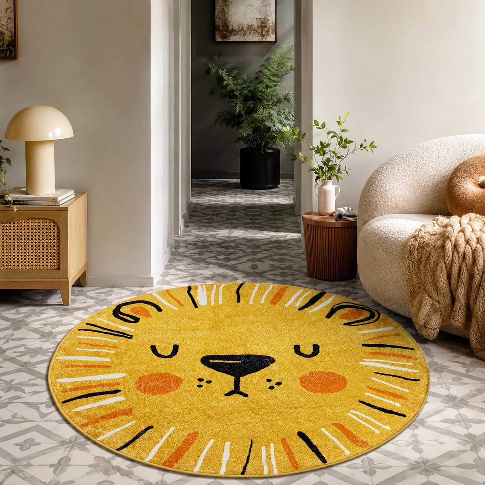 Tapis rond lavable jaune et noir 110 cm anti-tache pour chambre