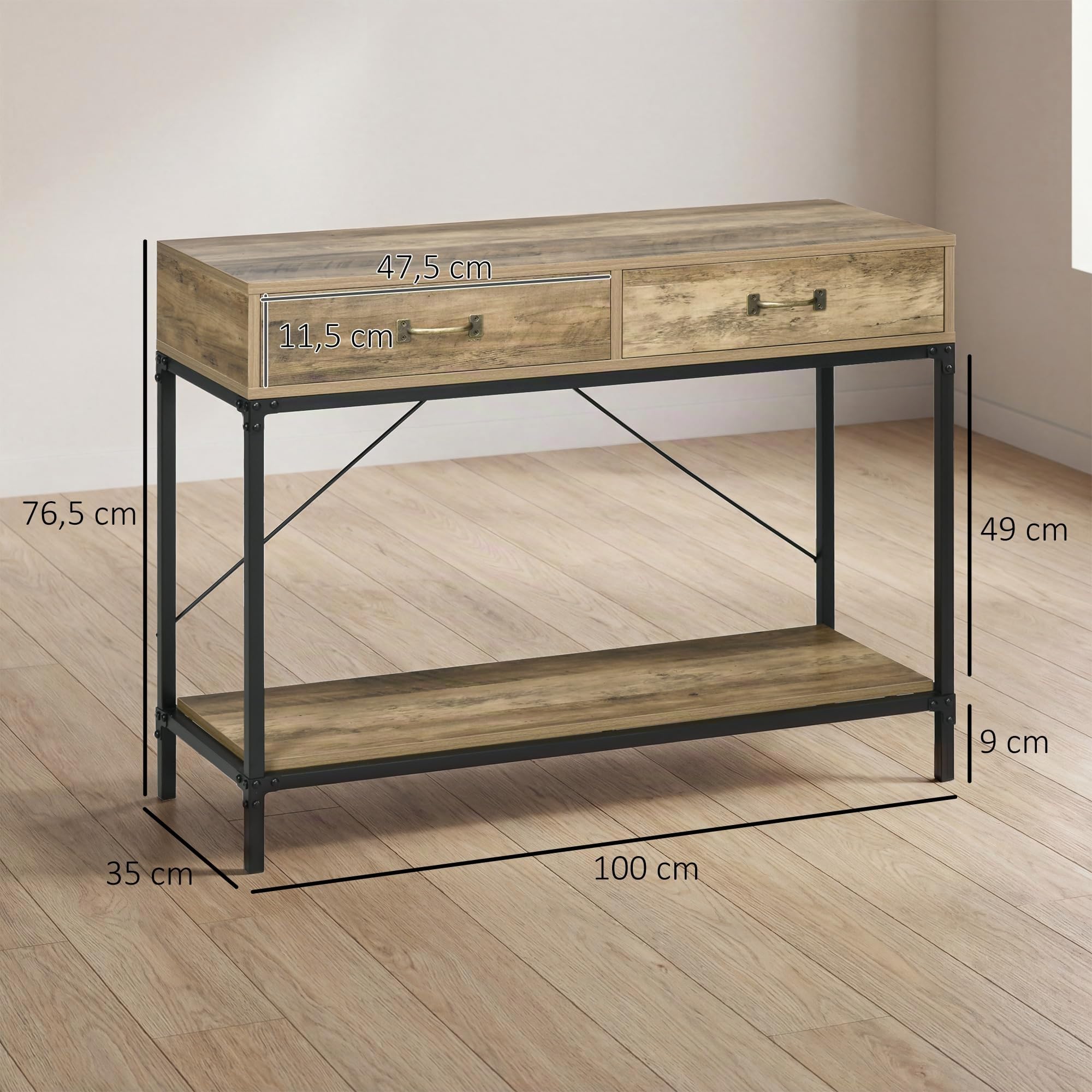HOMCOM Mesa de Consola Industrial con 2 Cajones y Estante, Marrón y Negro | Mesa de Sofá, Consola Recibidor, Patas de Metal, para Salón, Pasillo, Entrada