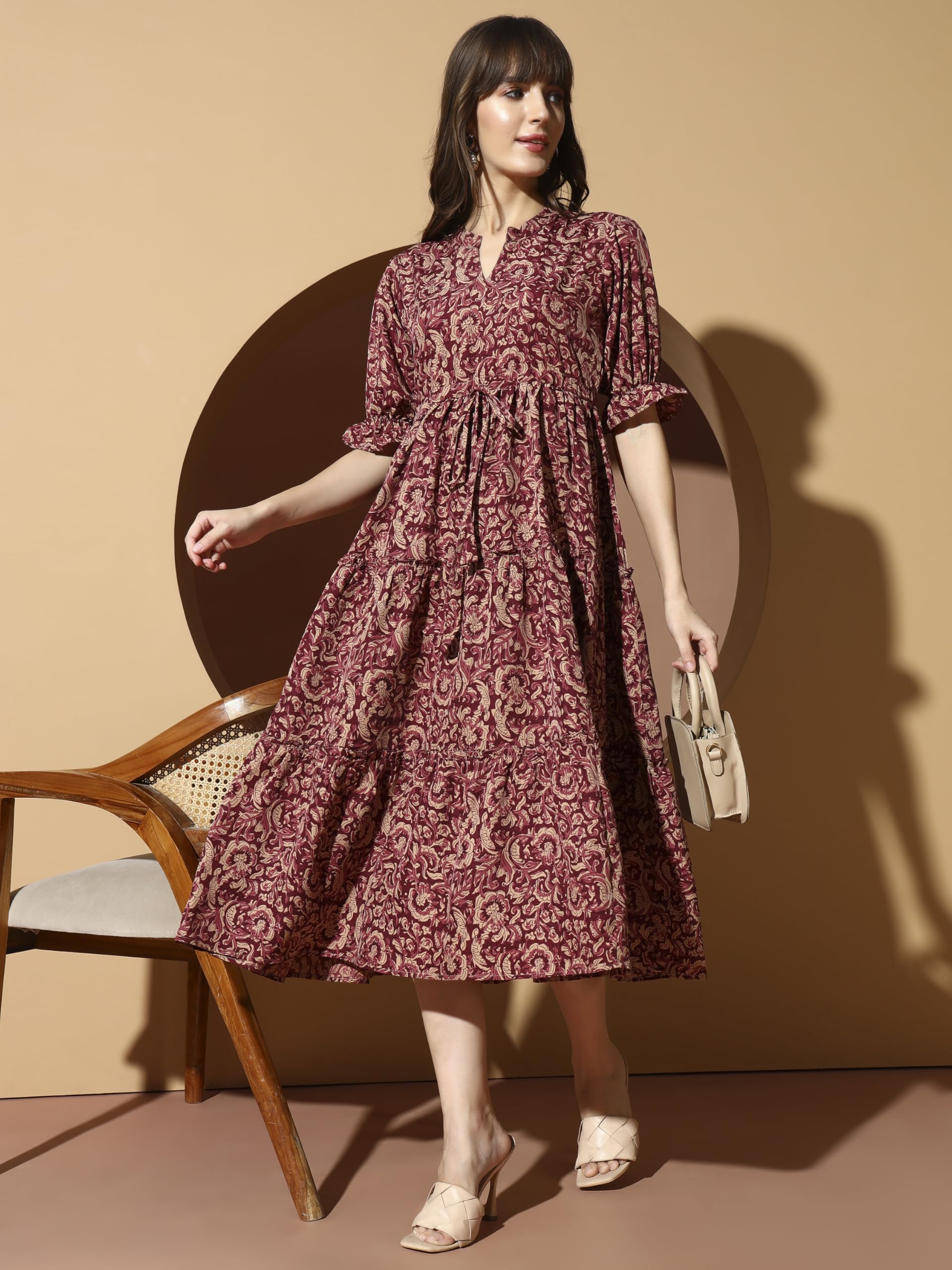 KZULLY Vestido para mujer | Vestido midi | estampado floral | tela de poliéster | Manga acampanada étnica | Ajuste escalonado y acampanado | Casual y festivo