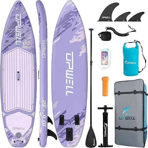 UPWELL 11'10'6"10'2"Inflatable Stand Up Paddle Board with sup Accessories Including Backpack, Repairing Kits, Non-Slip Deck, Leash, 3 Fins, Paddle